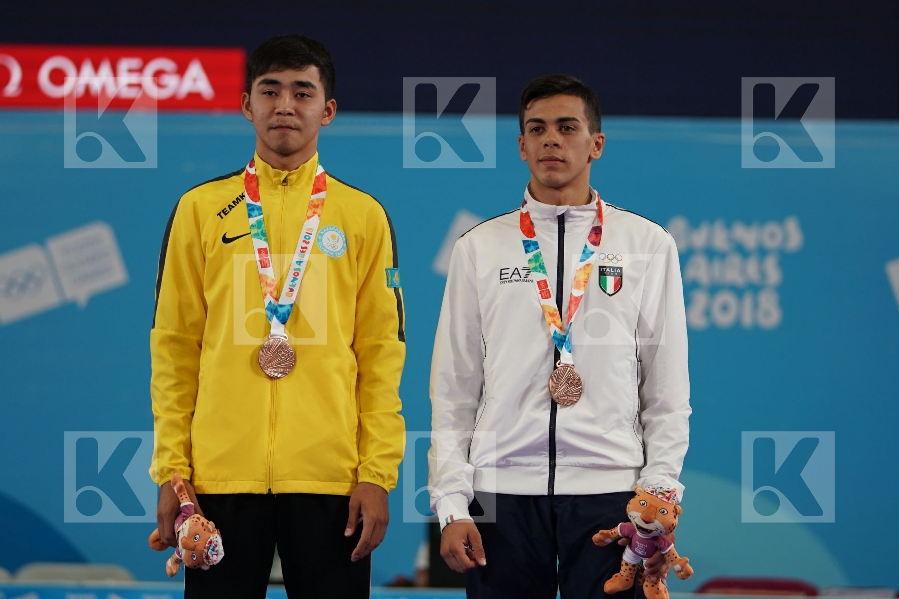 QUENTIN MAHAUDEN (BELGIUM), YASSINE SEKOURI (MOROCCO), ABILMANSUR BATYRGALI (KAZAKHSTAN), ROSARIO RUGGIERO (ITALY) in Junior Kumite Male Ð 68 Kg - podium ceremony