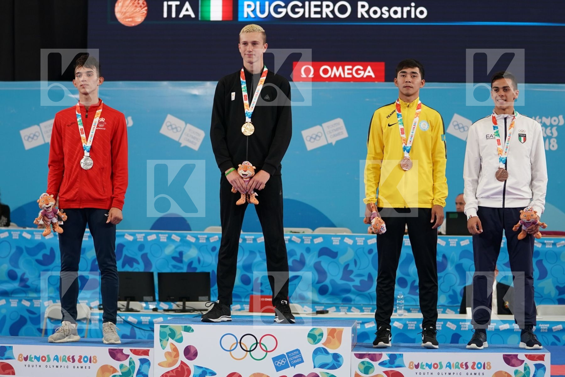 QUENTIN MAHAUDEN (BELGIUM), YASSINE SEKOURI (MOROCCO), ABILMANSUR BATYRGALI (KAZAKHSTAN), ROSARIO RUGGIERO (ITALY) in Junior Kumite Male Ð 68 Kg - podium ceremony