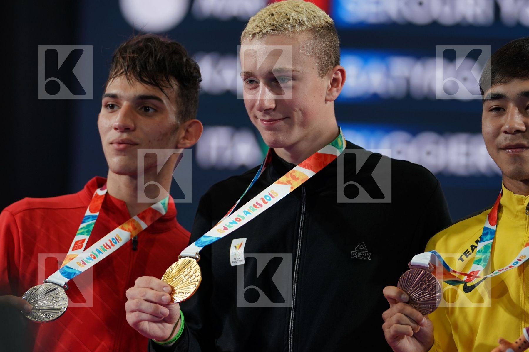 QUENTIN MAHAUDEN (BELGIUM), YASSINE SEKOURI (MOROCCO), ABILMANSUR BATYRGALI (KAZAKHSTAN), ROSARIO RUGGIERO (ITALY) in Junior Kumite Male Ð 68 Kg - podium ceremony