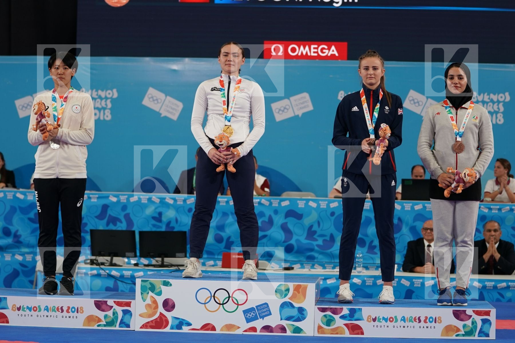 ANNIKA SAELID (NORWAY), SAKURA SAWASHIMA (JAPAN), LAUREN PAIGE SALISBURY (GREAT BRITAIN), NEGIN ALTOONI (IRAN) in Junior Kumite Female 59+ Kg - podium ceremony