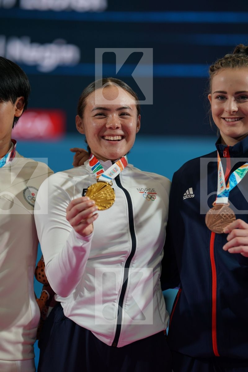 ANNIKA SAELID (NORWAY), SAKURA SAWASHIMA (JAPAN), LAUREN PAIGE SALISBURY (GREAT BRITAIN), NEGIN ALTOONI (IRAN) in Junior Kumite Female 59+ Kg - podium ceremony