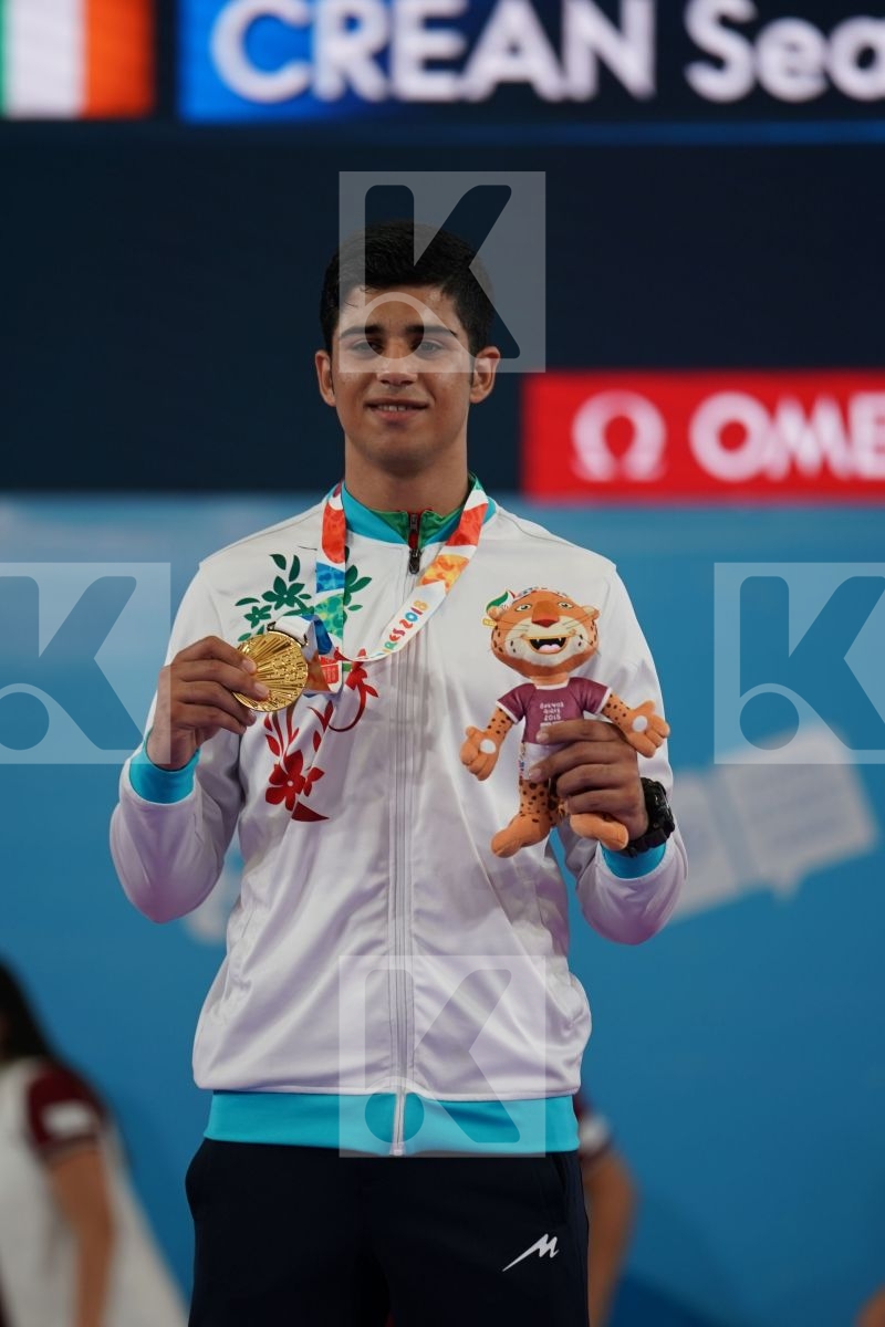 NAVID MOHAMMADI (IRAN), NABIL ECH-CHAABI (MOROCCO), ENES BULUT (TURKEY), SEAN MC CARTHY CREAN (IRELAND) in Junior Kumite Male 68 + Kg - podium ceremony