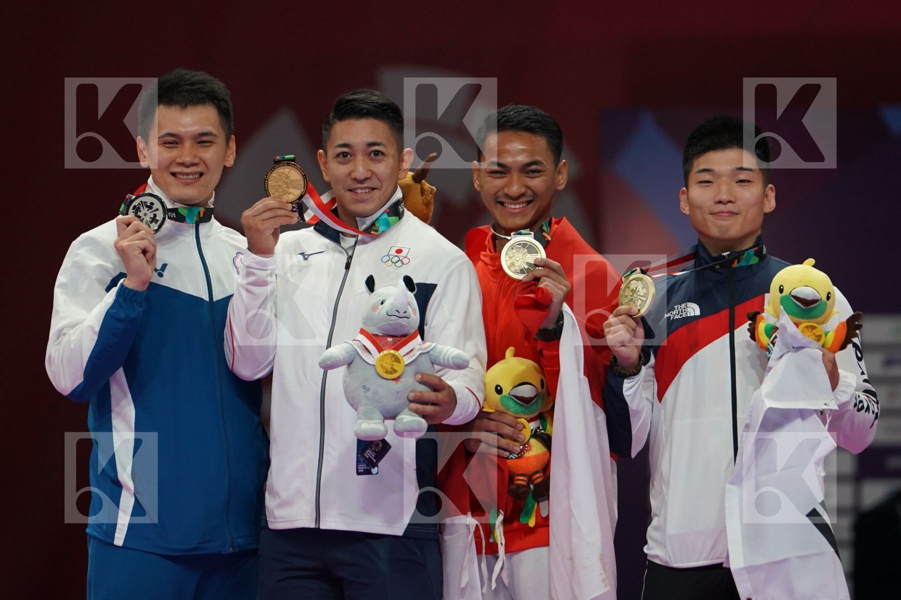 YITA WANG (CHINESE TAIPEI), RYO KIYUNA (JAPAN), AHMAD ZIGI ZARESTA YUDA (INDONESIA) and HEEJUN PARK (REPUBLIC OF KOREA) in Senior Male Kata - podium ceremony