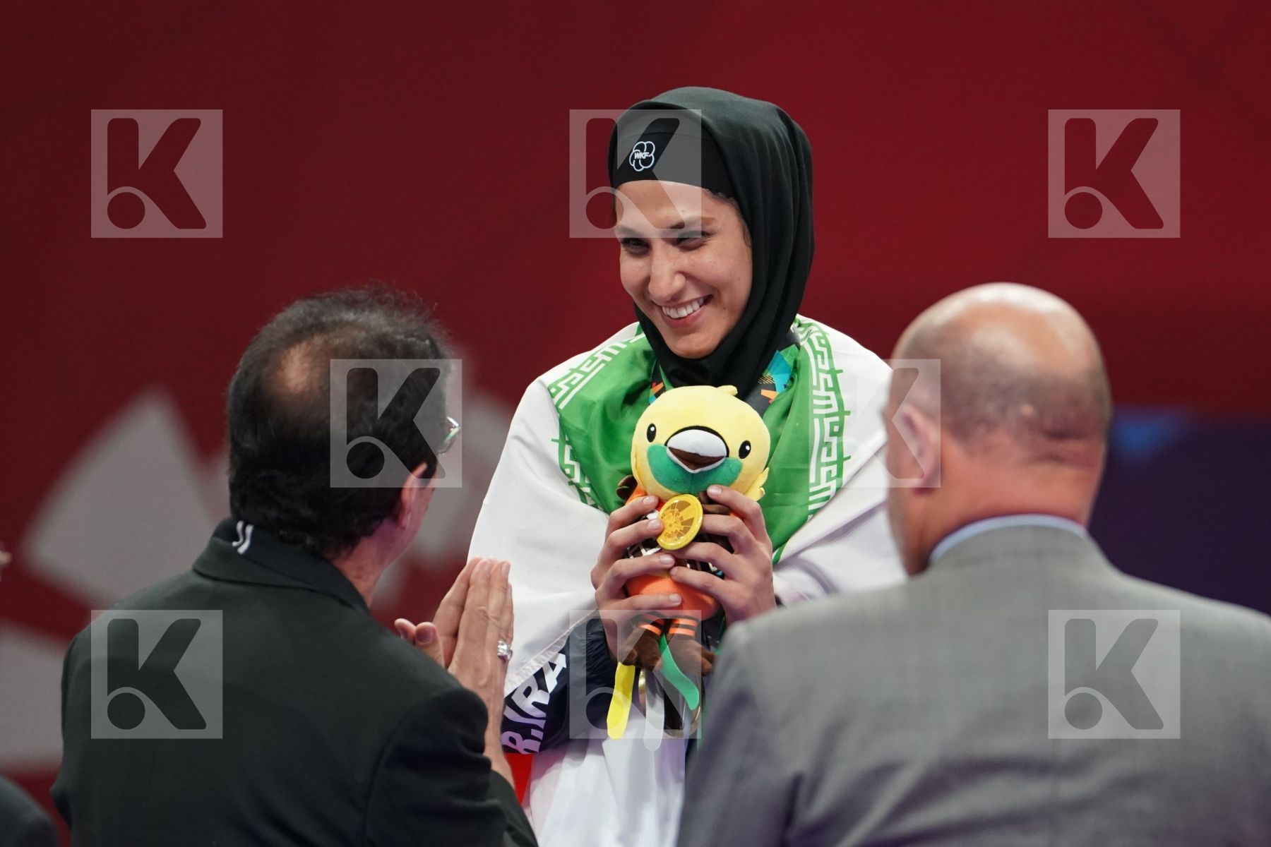MENGMENG GAO (CHINA), AYUMI UEKUSA (JAPAN), HAMIDEH ABBASALI (ISLAMIC REPUBLIC OF IRAN), NARGIS (PAKISTAN) in Senior Kumite 68+ Kg - podium ceremony