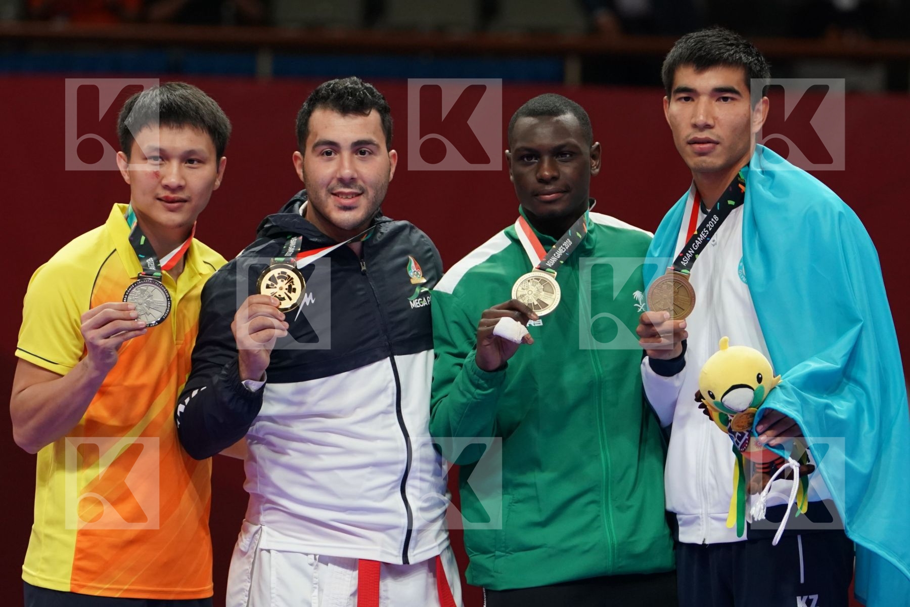 MINH PHUNG NGUYEN (VIETNAM), SAJAD GANJZADEH (ISLAMIC REPUBLIC OF IRAN), TAREG ALI HAMEDI (SAUDI ARABIA), DANIYAR YULDASHEV (KAZAKHSTAN) in Senior Kumite 84+ Kg - podium ceremony