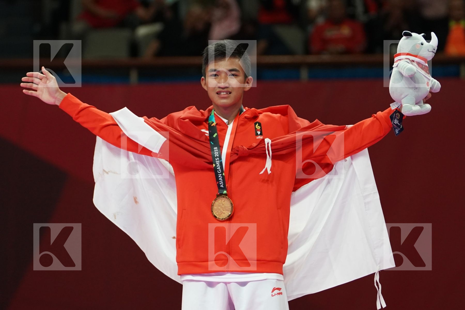 AMIR MAHDI ZADEH (ISLAMIC REPUBLIC OF IRAN), RIFKI ARDIANSYAH ARROSYIID (INDONESIA), PREM KUMAR SELVAM (MALAYSIA), SADRIDDIN SAYMATOV (UZBEKISTAN) in Senior Kumite -60 Kg - podium ceremony