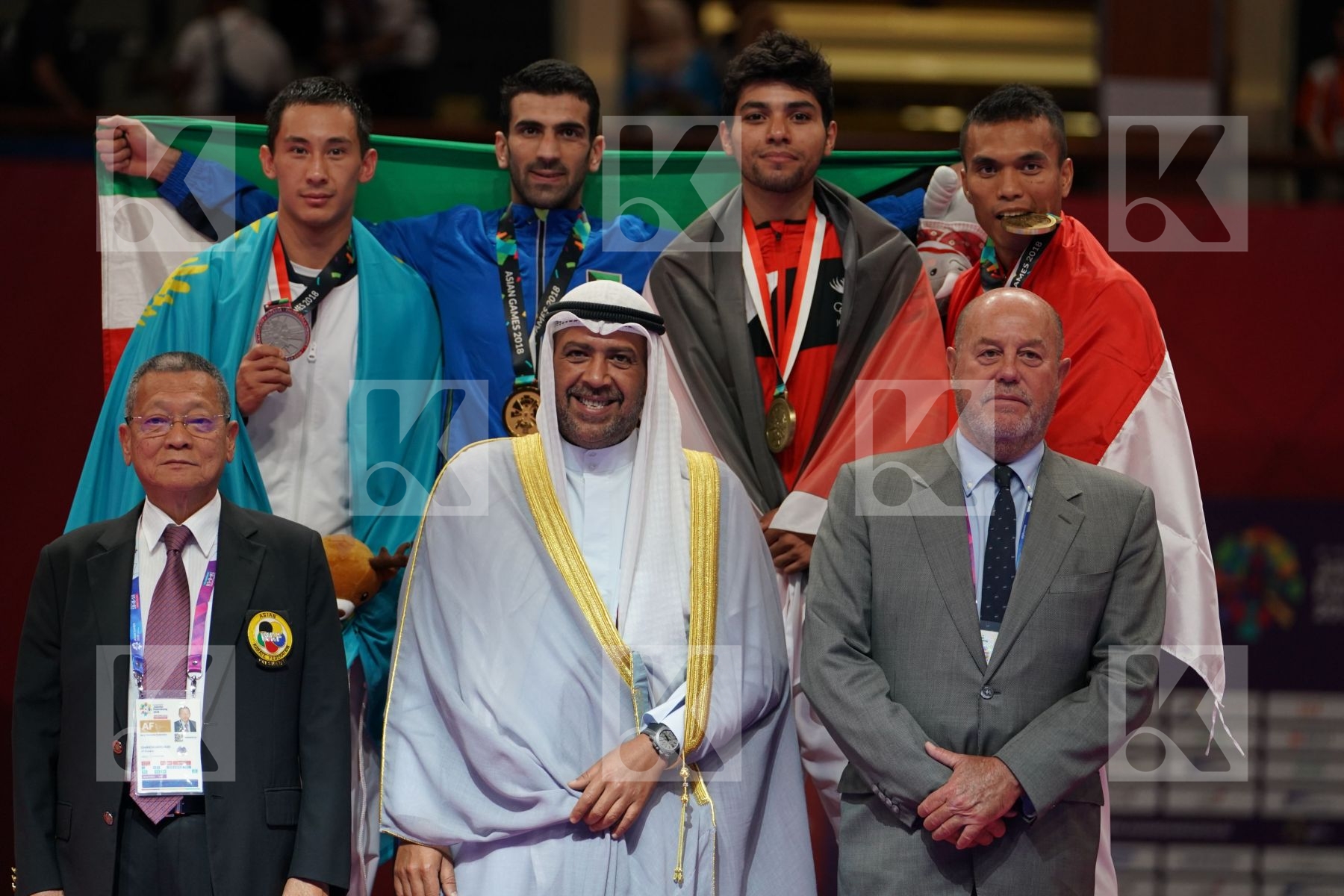 DIDAR AMIRALI (KAZAKHSTAN), ALI ABDULAZIZ (KUWAIT), ABDEL RAHMAN ALMASATFA (JORDAN), JINTAR SIMANJUNTAK (INDONESIA) in Senior Kumite -67 Kg - podium ceremony
