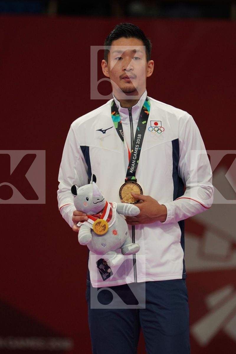 AHMAD ALMESFER (KUWAIT), RYUTARO ARAGA (JAPAN), ZABIOLLAH POORSHAB (ISLAMIC REPUBLIC OF IRAN), CHUNWEI WU (CHINESE TAIPEI) in Senior Kumite Ð 84 Kg - podium ceremony
