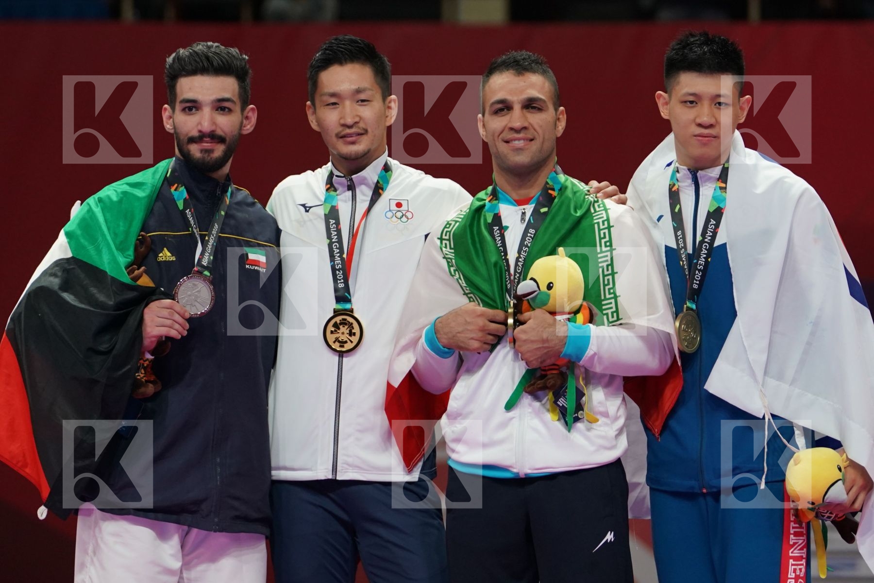 AHMAD ALMESFER (KUWAIT), RYUTARO ARAGA (JAPAN), ZABIOLLAH POORSHAB (ISLAMIC REPUBLIC OF IRAN), CHUNWEI WU (CHINESE TAIPEI) in Senior Kumite Ð 84 Kg - podium ceremony