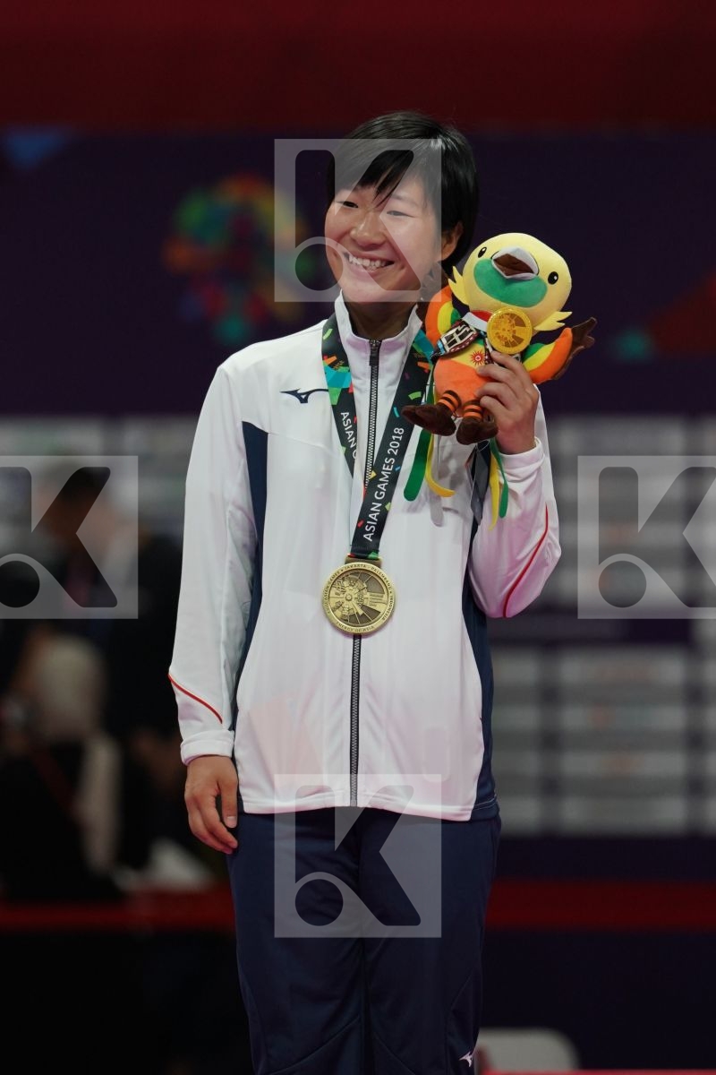 BAKHRINISO BABAEVA (UZBEKISTAN), SHIAUSHUANG GU (CHINESE TAIPEI), MIHO MIYAHARA (JAPAN), TSUKII JUNNA (PHILIPPINES) in Senior Kumite -50 Kg - podium ceremony