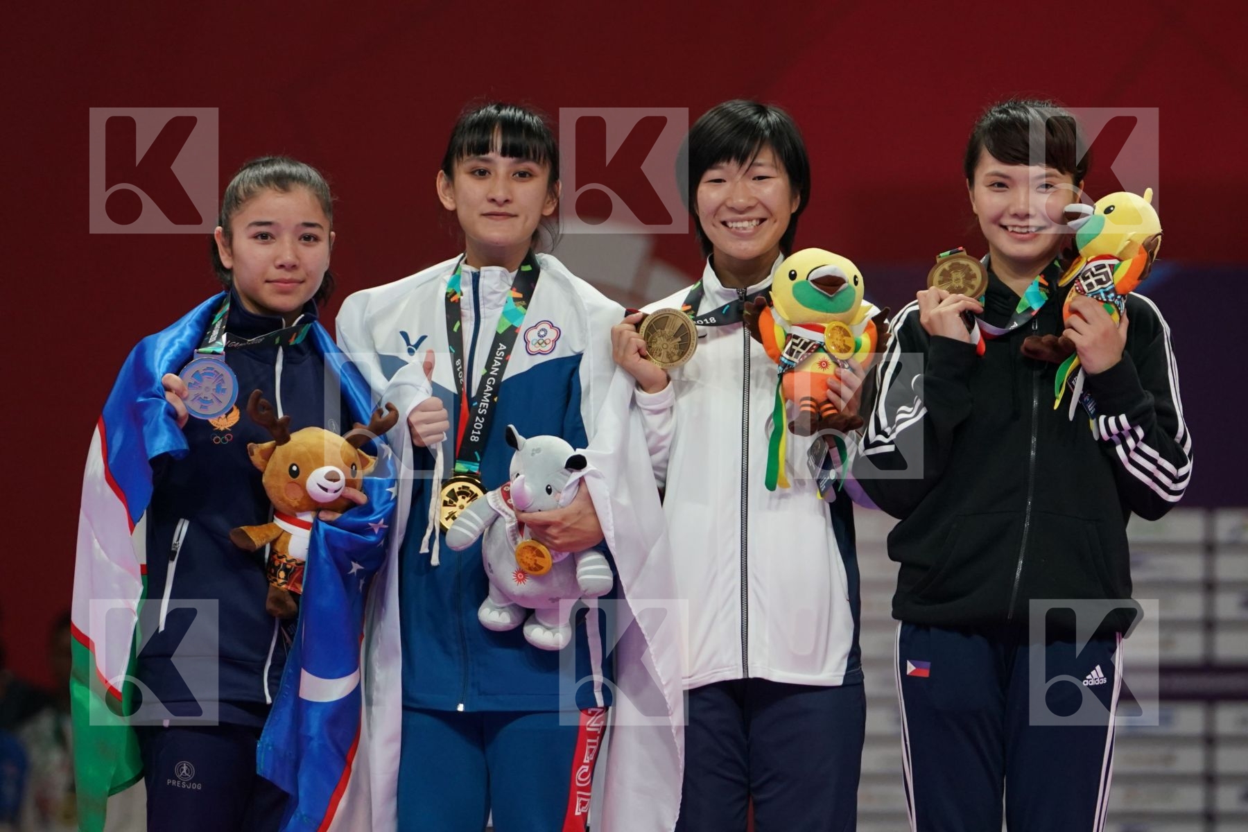 BAKHRINISO BABAEVA (UZBEKISTAN), SHIAUSHUANG GU (CHINESE TAIPEI), MIHO MIYAHARA (JAPAN), TSUKII JUNNA (PHILIPPINES) in Senior Kumite -50 Kg - podium ceremony