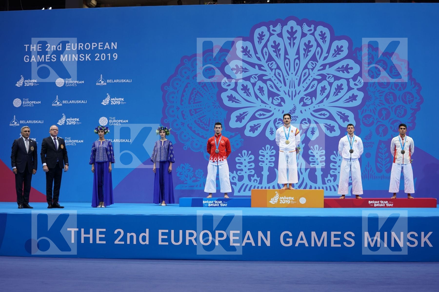 QUINTERO CAPDEVILA DAMIAN HUGO (SPAIN), SOFUOGLU ALI (TURKEY), HEYDAROV ROMAN (AZERBAIJAN), BUSATO MATTIA (ITALY) in Senior Male Kata - podium ceremony