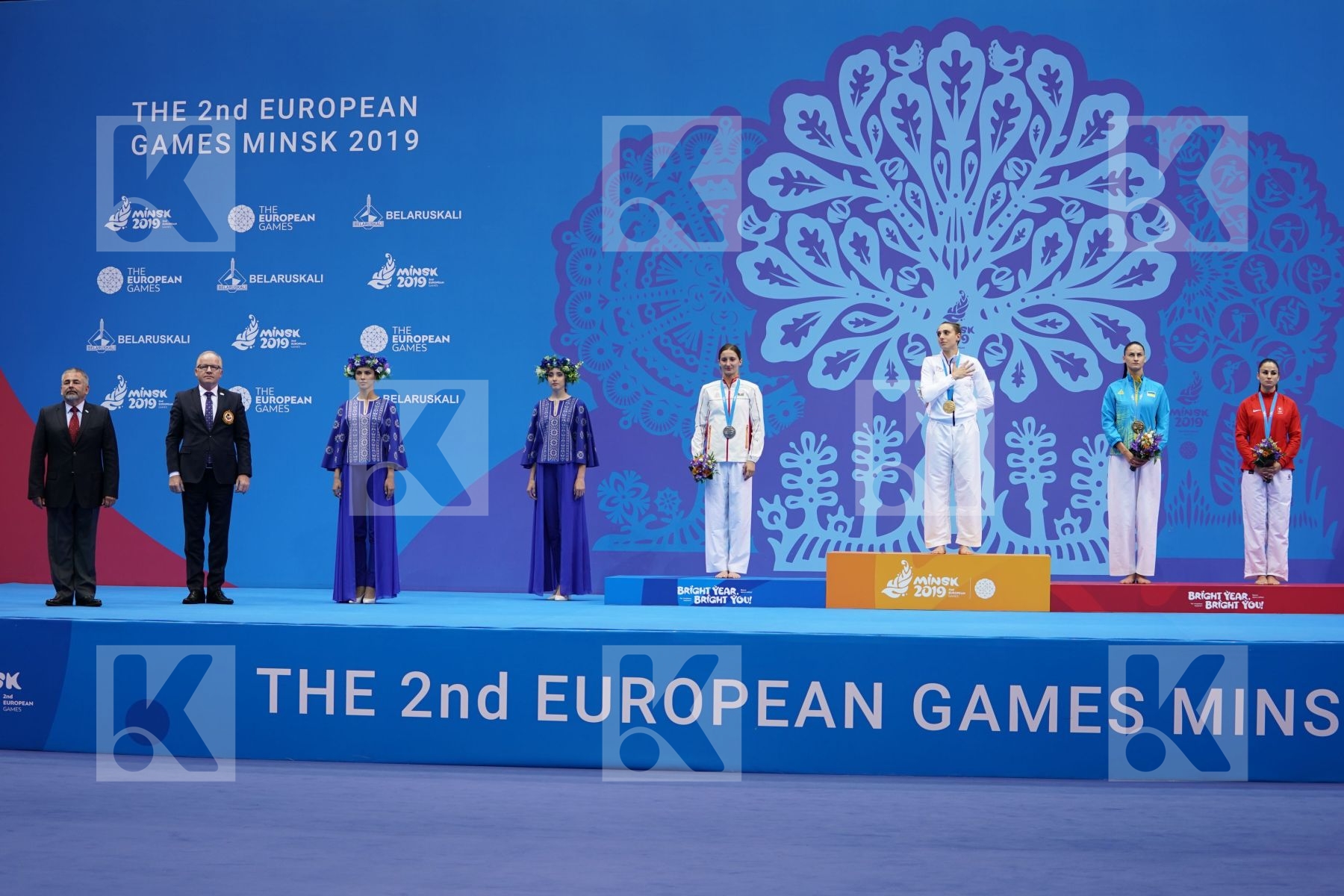 SEMERARO SILVIA (ITALY), ZARETSKA IRINA (AZERBAIJAN), MELNYK HALYNA (UKRAINE), QUIRICI ELENA (SWITZERLAND) in Senior Kumite -68 Kg - podium ceremony