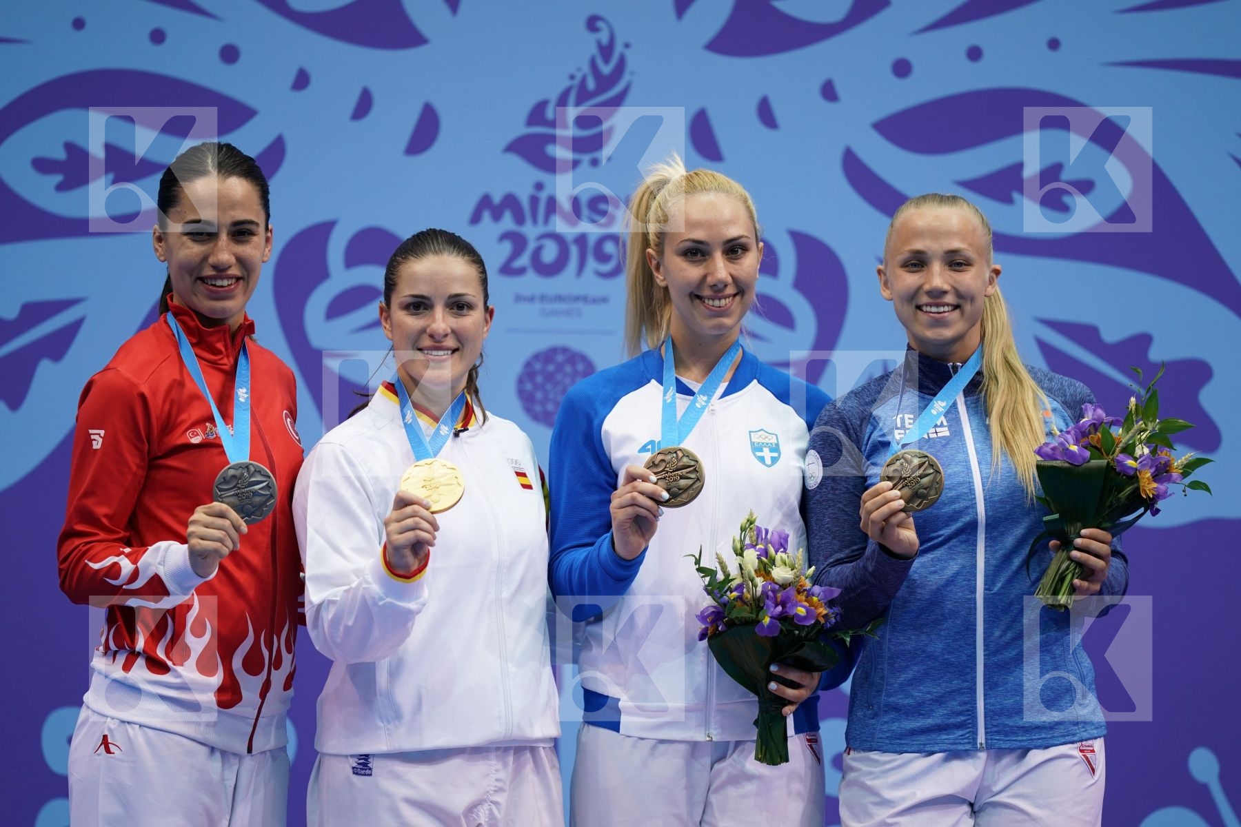 PALACIO GONZALEZ LAURA (SPAIN), HOCAOGLU MELTEM (TURKEY), KEINANEN TITTA (FINLAND), CHATZILIADOU ELENI (GREECE) in Senior Kumite 68+ Kg - podium ceremony