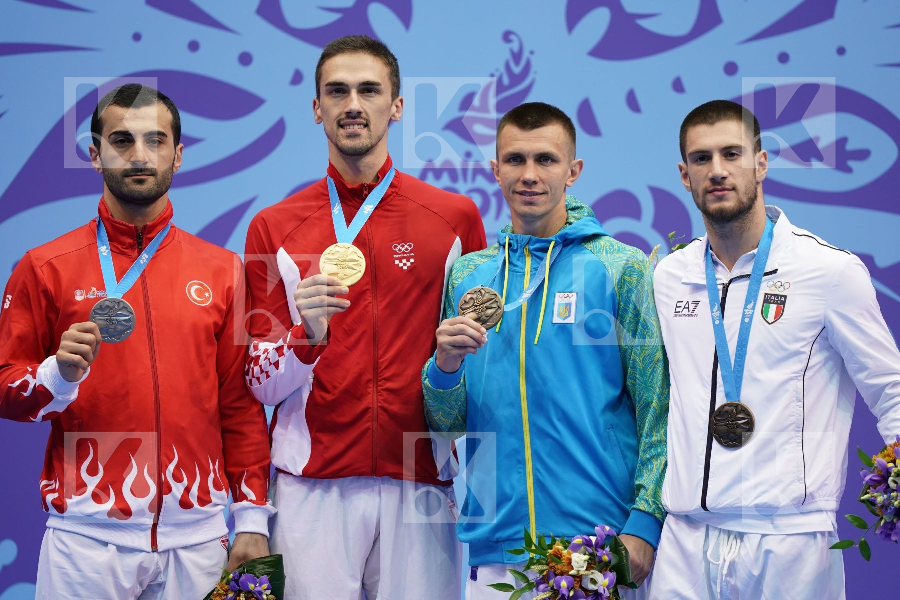 KVESIC IVAN (CROATIA), AKTAS UGUR (TURKEY), MARTINA MICHELE (ITALY), CHOBOTAR VALERII (UKRAINE) in Senior Kumite -84 Kg - podium ceremony
