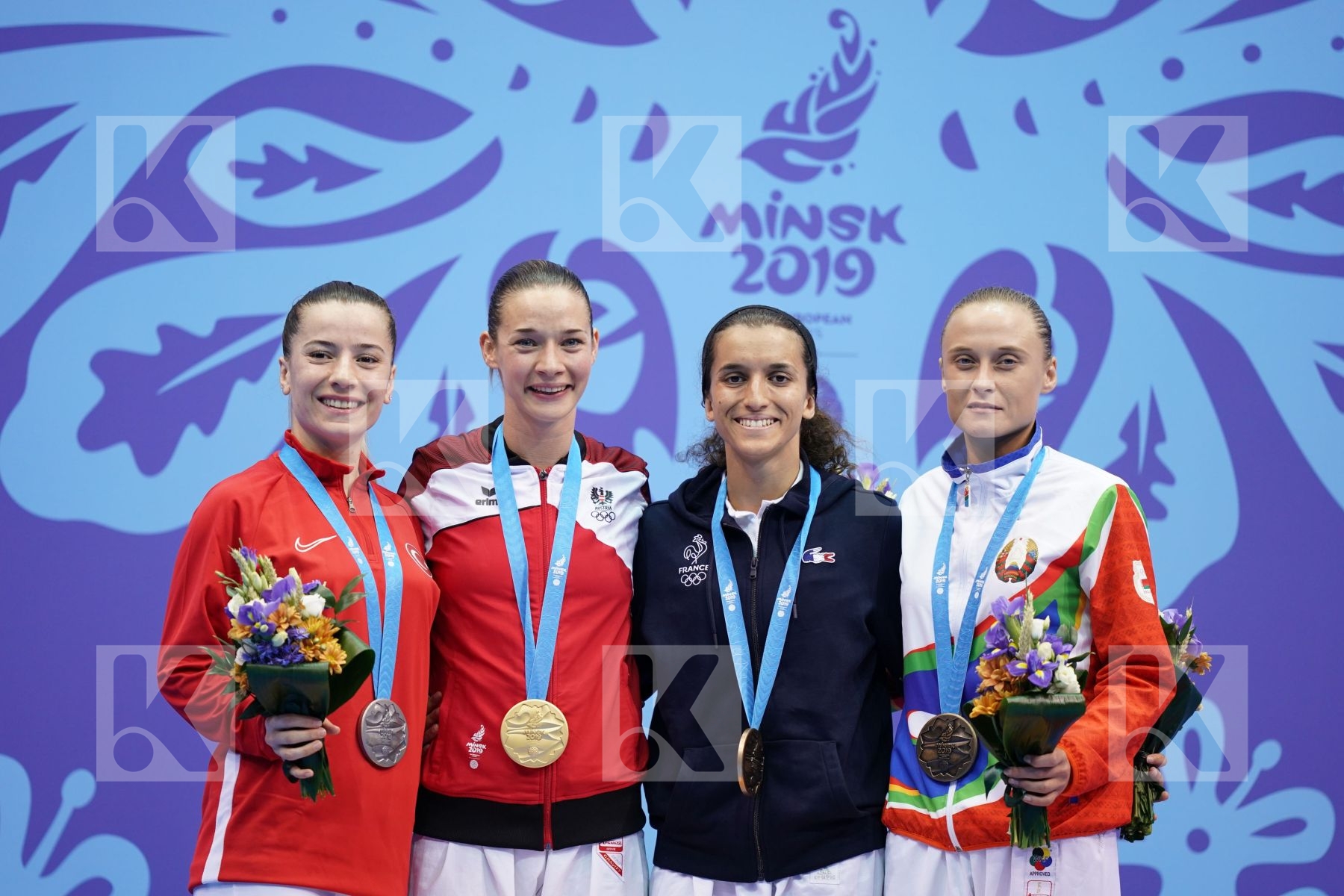 PLANK BETTINA (AUSTRIA), OZCELIK ARAPOGLU SERAP (TURKEY), BOUDERBANE SOPHIA (FRANCE), KOULINKOVITCH MARIYA (BELARUS) in Senior Kumite -50 Kg - podium ceremony