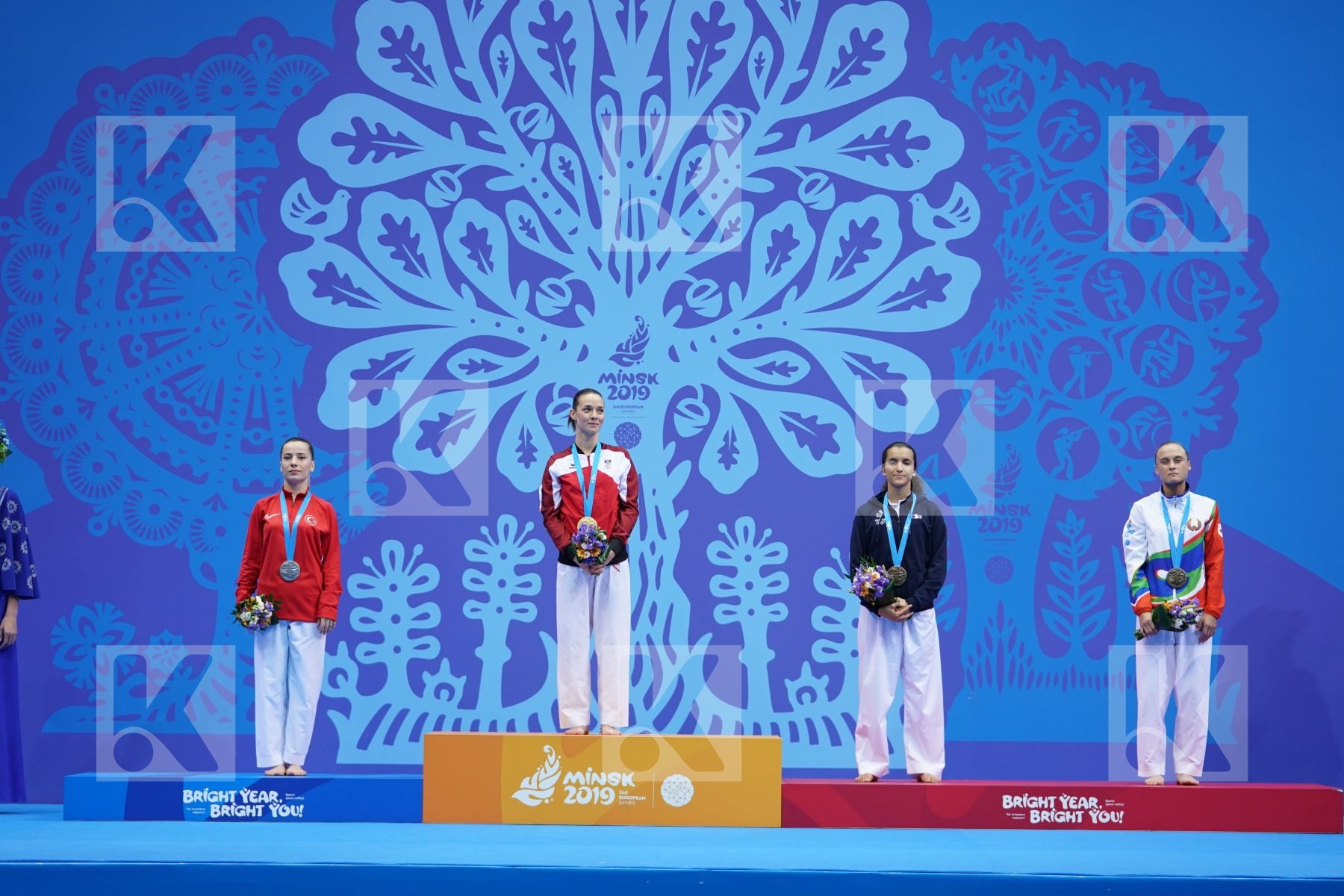 PLANK BETTINA (AUSTRIA), OZCELIK ARAPOGLU SERAP (TURKEY), BOUDERBANE SOPHIA (FRANCE), KOULINKOVITCH MARIYA (BELARUS) in Senior Kumite -50 Kg - podium ceremony
