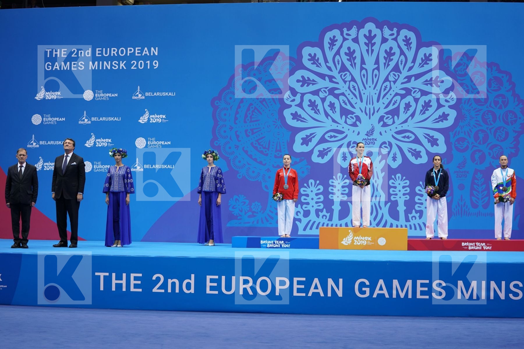 PLANK BETTINA (AUSTRIA), OZCELIK ARAPOGLU SERAP (TURKEY), BOUDERBANE SOPHIA (FRANCE), KOULINKOVITCH MARIYA (BELARUS) in Senior Kumite -50 Kg - podium ceremony