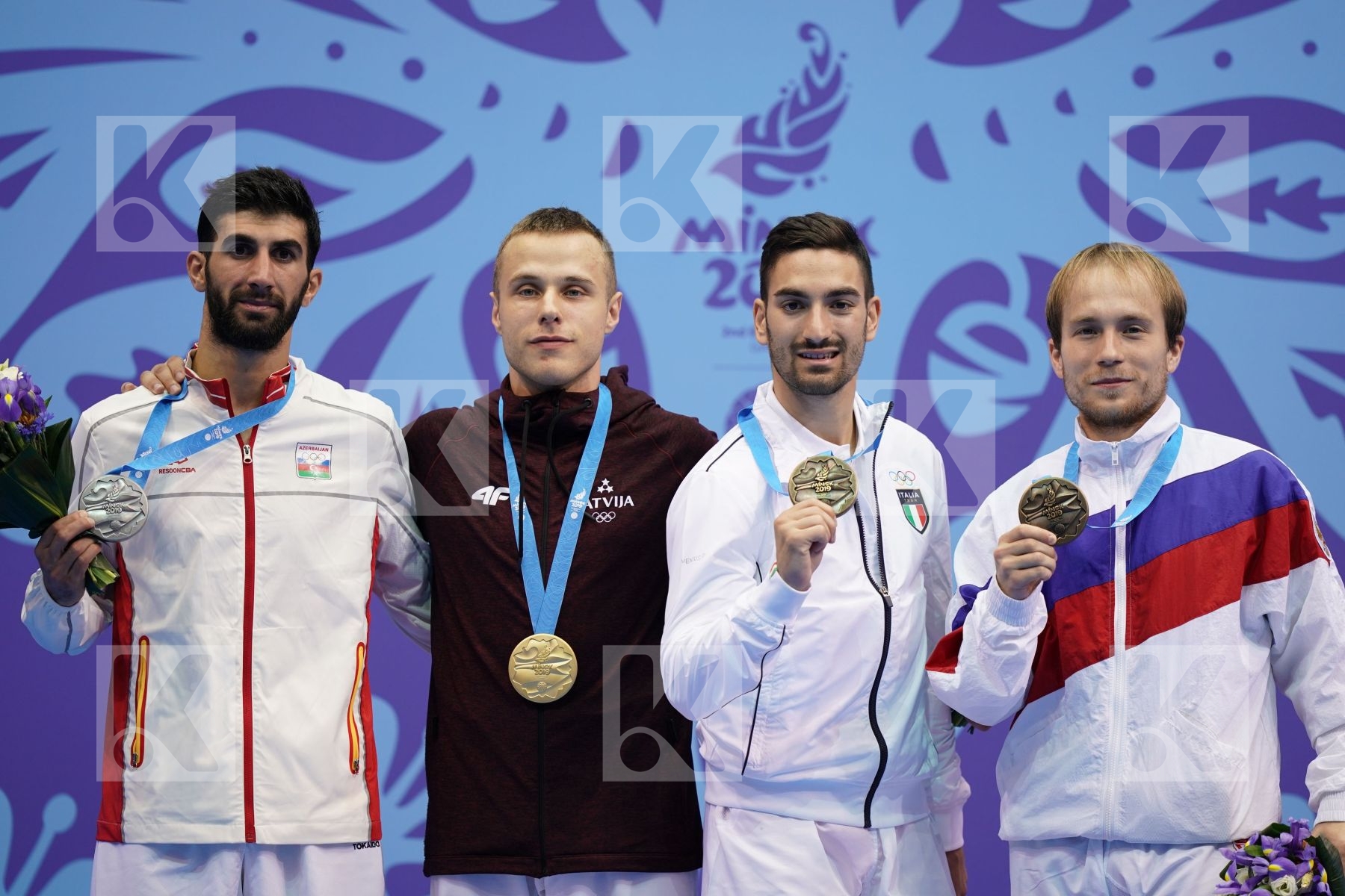 KALNINS KALVIS (LATVIA), FARZALIYEV FIRDOVSI (AZERBAIJAN), CRESCENZO ANGELO (ITALY), PLAKHUTIN EVGENY (RUSSIAN FEDERATION) in Senior Kumite -60 Kg - podium ceremony