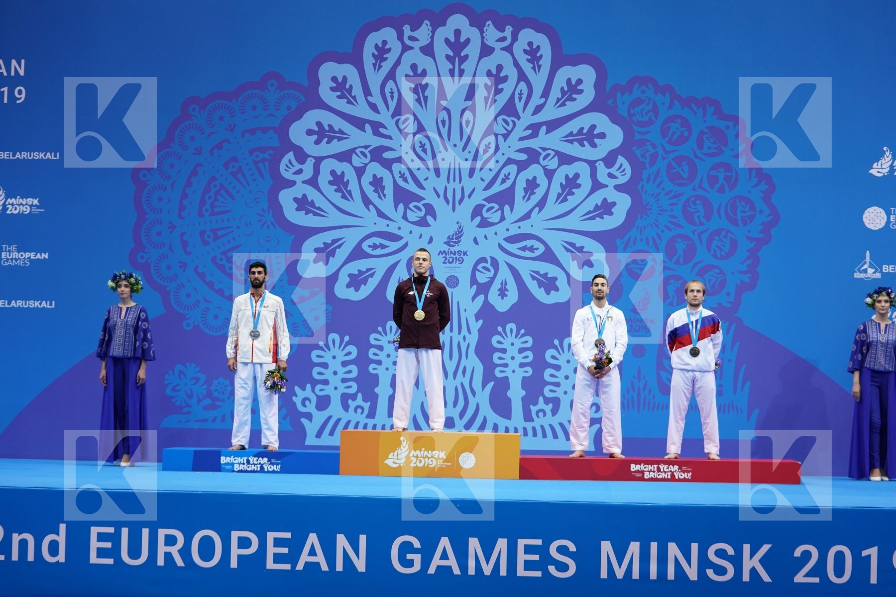 KALNINS KALVIS (LATVIA), FARZALIYEV FIRDOVSI (AZERBAIJAN), CRESCENZO ANGELO (ITALY), PLAKHUTIN EVGENY (RUSSIAN FEDERATION) in Senior Kumite -60 Kg - podium ceremony