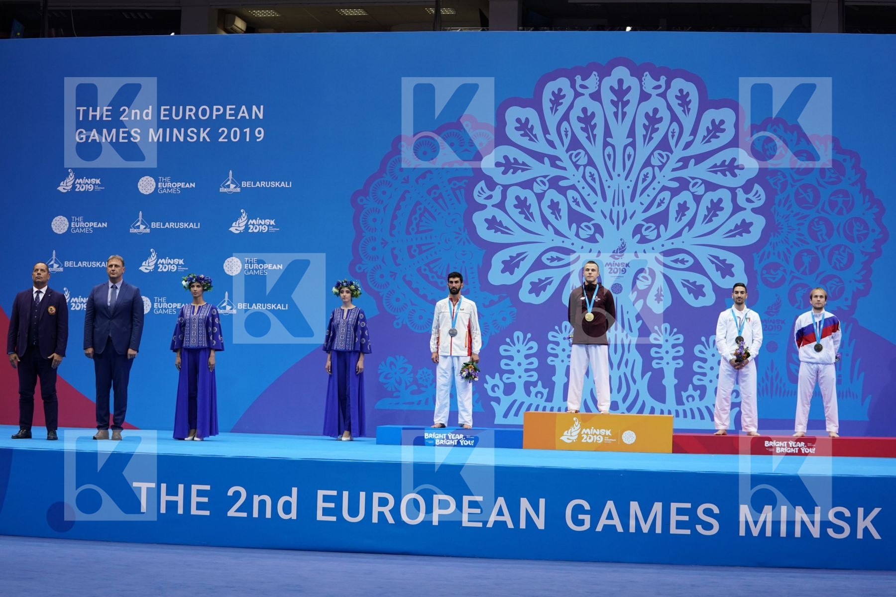 KALNINS KALVIS (LATVIA), FARZALIYEV FIRDOVSI (AZERBAIJAN), CRESCENZO ANGELO (ITALY), PLAKHUTIN EVGENY (RUSSIAN FEDERATION) in Senior Kumite -60 Kg - podium ceremony