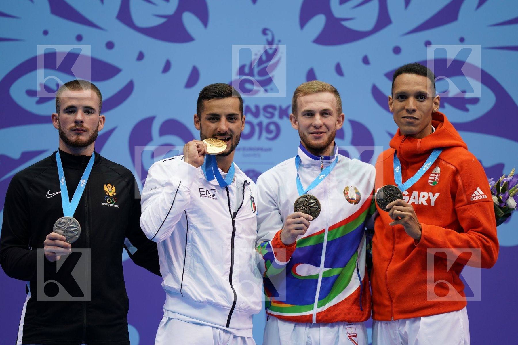MARESCA LUCA (ITALY), HODZIC MARIO (MONTENEGRO), KRAUTSOU ARTSIOM (BELARUS), TADISSI YVES MARTIAL (HUNGARY) in Senior Kumite -67 Kg - podium ceremony