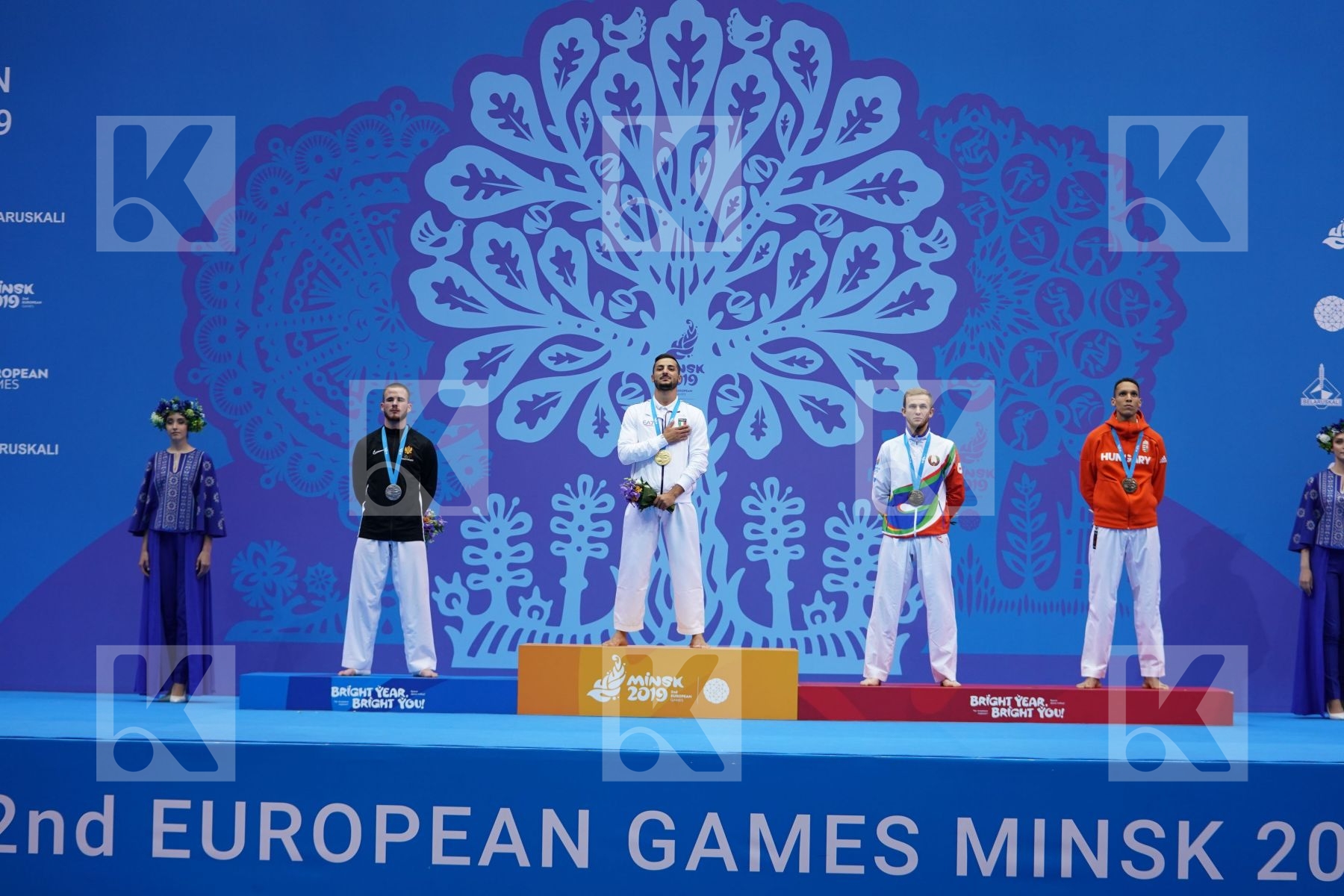 MARESCA LUCA (ITALY), HODZIC MARIO (MONTENEGRO), KRAUTSOU ARTSIOM (BELARUS), TADISSI YVES MARTIAL (HUNGARY) in Senior Kumite -67 Kg - podium ceremony