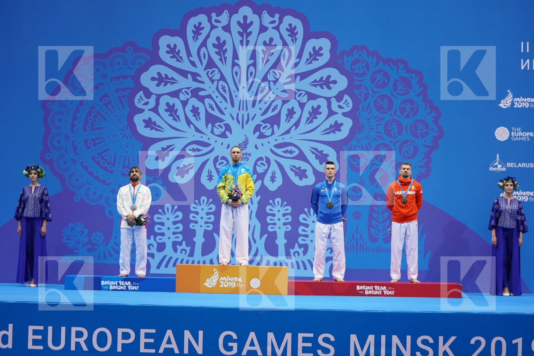 HORUNA STANISLAV (UKRAINE), AGHAYEV RAFAEL (AZERBAIJAN), HARSPATAKI GABOR (HUNGARY), ARTAMONOV PAVEL (ESTONIA) in Senior Kumite -75 Kg - podium ceremony