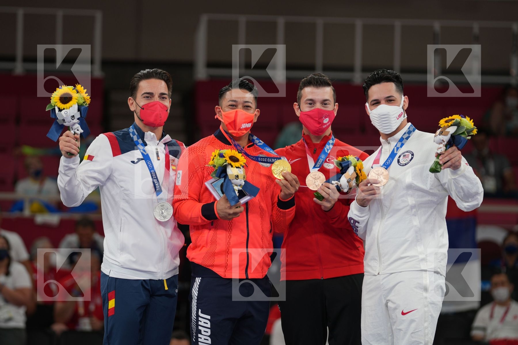 Kiyuna Ryo (Japan) - Kata Male, Quintero Damian (Spain) - Kata Male, Sofuoglu Ali (Turkey) - Kata Male, Torres Gutierrez Ariel (United States of America) - Kata Male in Senior Male Kata - podium ceremony