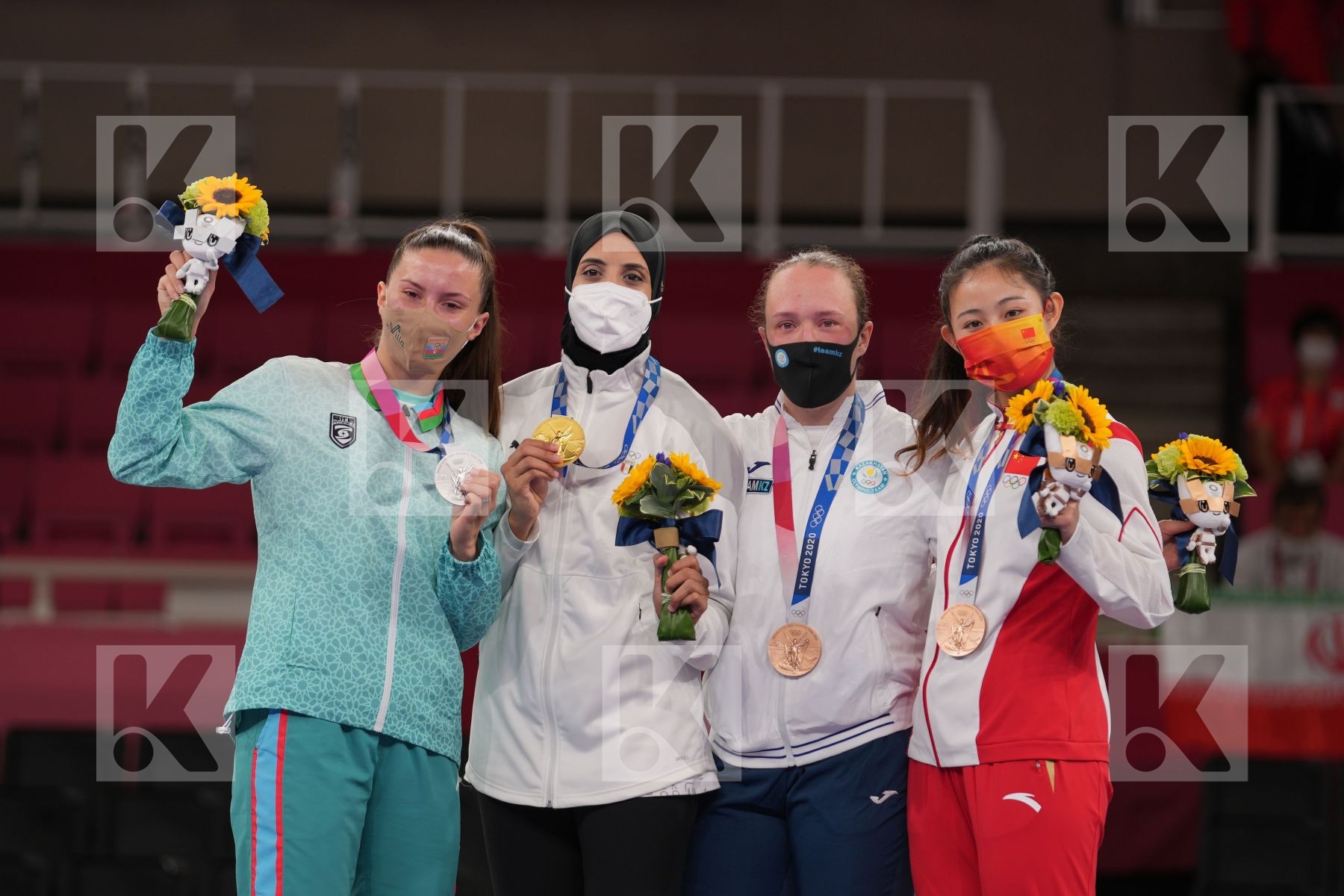 Abdelaziz Feryal (Egypt) - Kumite Female +61kg, Gong Li (People's Republic of China) - Kumite Female+61kg, Zaretska Irina (Azerbaijan) - Kumite Female +61kg, Berultseva Sofya (Kazakhstan) - Kumite Female +61kg in Senior Kumite 61+ Kg - podium ceremony