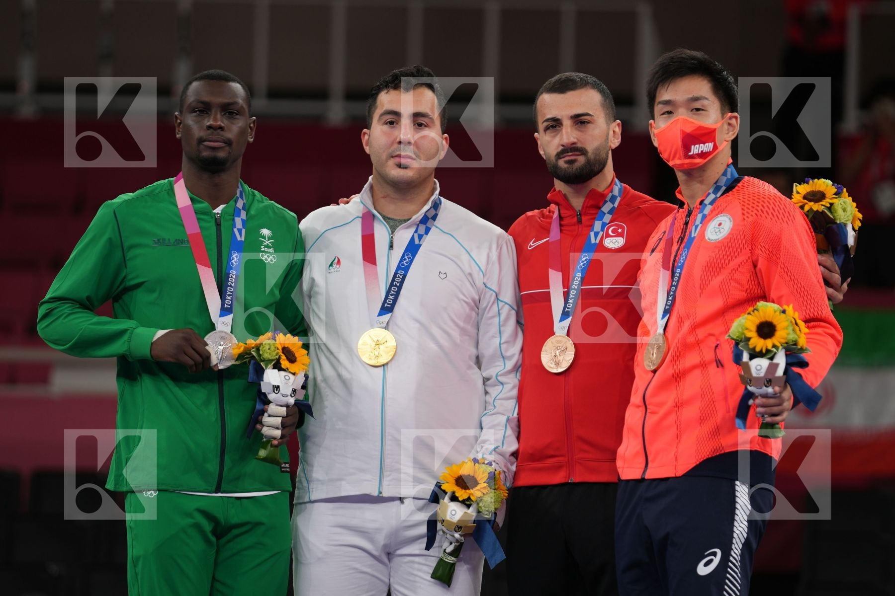 Hamedi Tareg (Saudi Arabia) - Kumite Male +75kg, Aktas Ugur (Turkey) - Kumite Male +75kg, Araga Ryutaro (Japan) - Kumite Male +75kg, Ganzjadeh Sajad (Islamic Republic of Iran) - Kumite Male +75kg in Senior Kumite 75+ Kg - podium ceremony