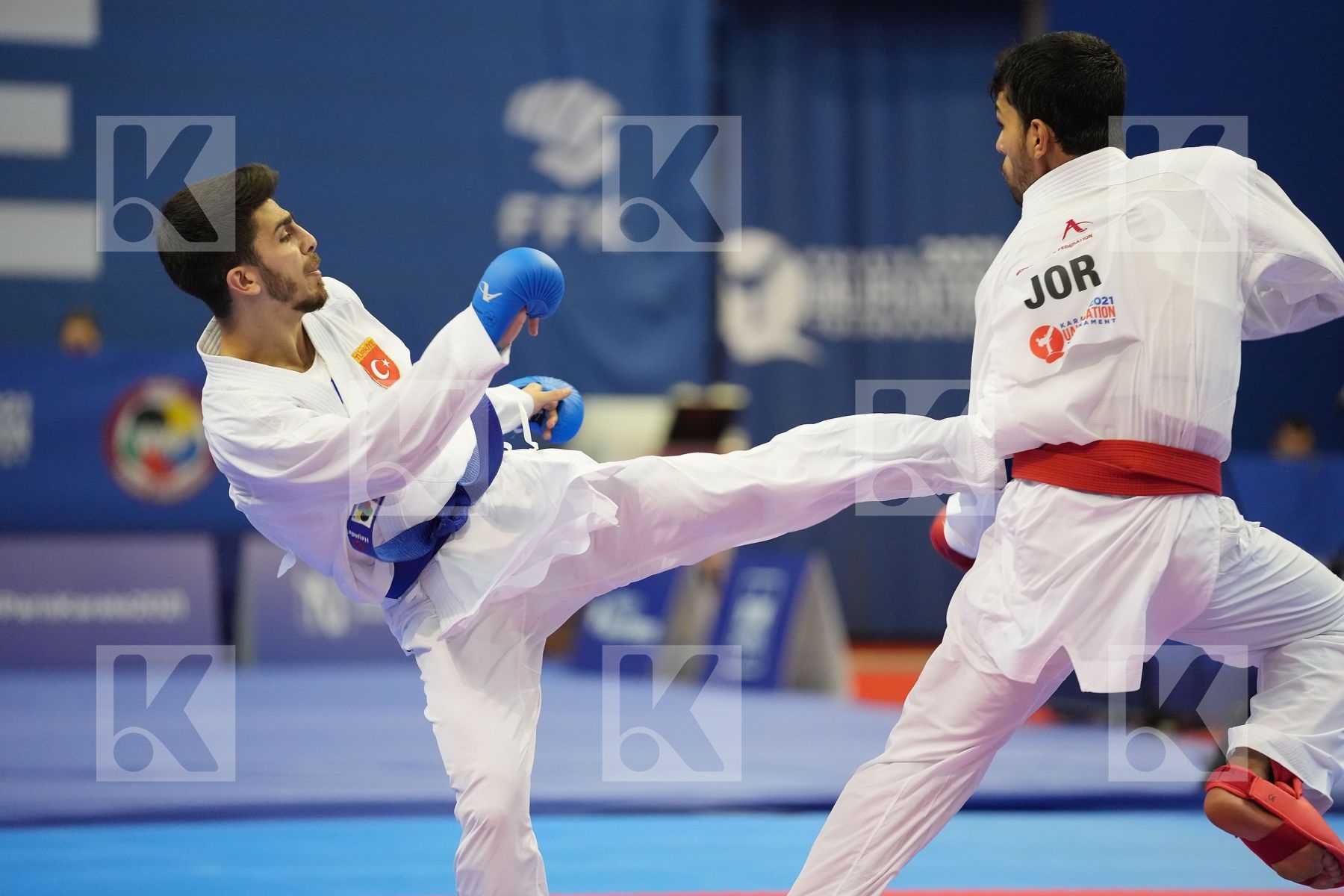 SAMDAN ERAY (TURKEY), ALMASATFA ABDEL RAHMAN (JORDAN) in Olympic Category - Kumite Male -67 KG - Round Robin bout