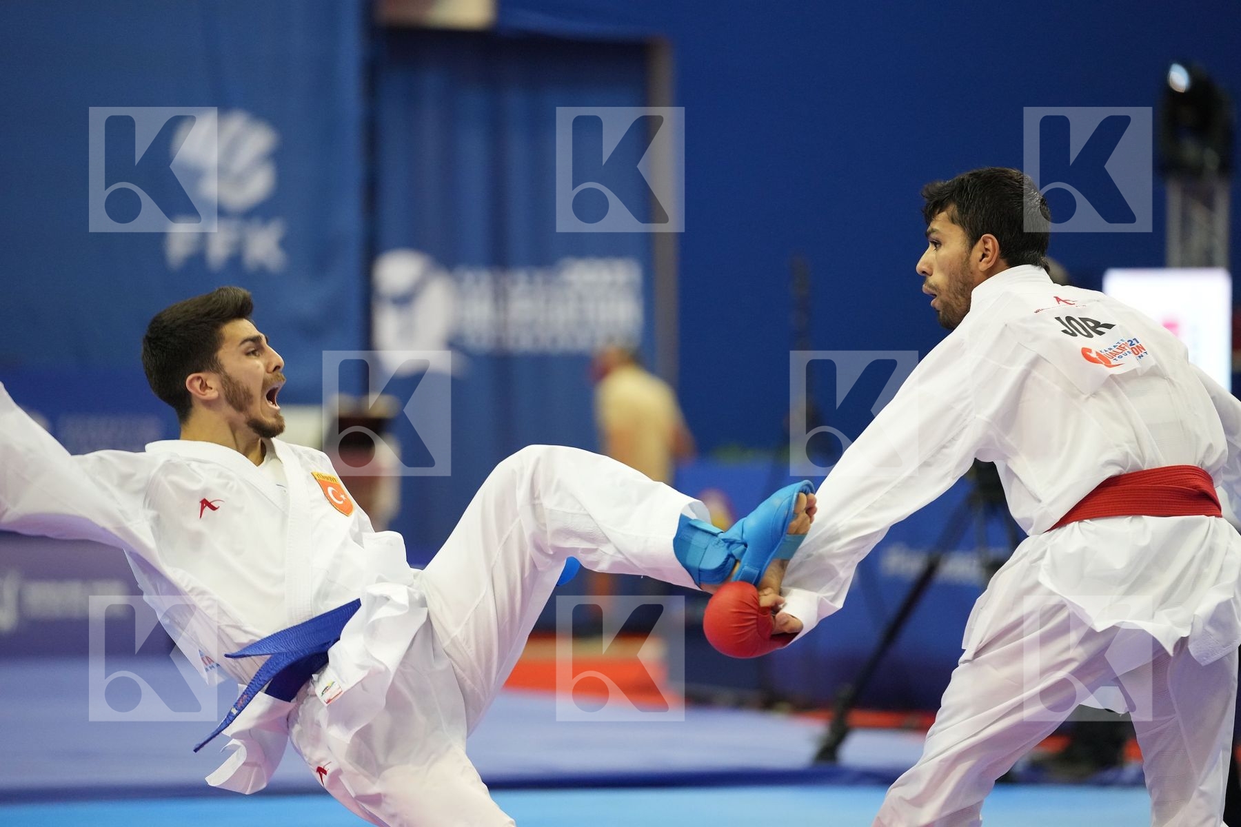 SAMDAN ERAY (TURKEY), ALMASATFA ABDEL RAHMAN (JORDAN) in Olympic Category - Kumite Male -67 KG - Round Robin bout