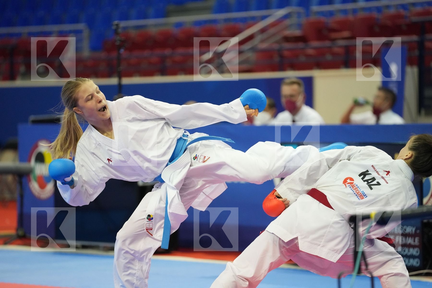 ZHANGBYRBAY MOLDIR (KAZAKHSTAN), CHERNYSHEVA ANNA (RUSSIAN FEDERATION) in Olympic Category - Kumite Female -55 KG - Round Robin bout