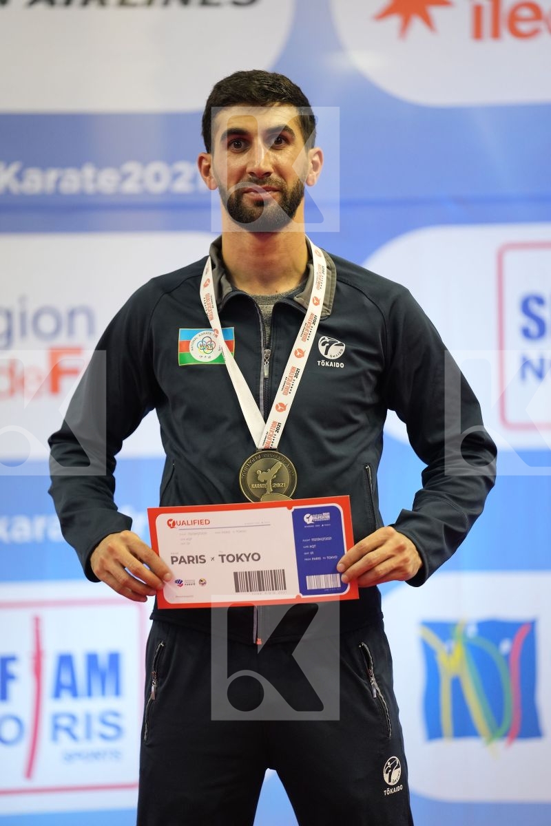 SAMDAN ERAY (TURKEY), ALMASATFA ABDEL RAHMAN (JORDAN), FARZALIYEV FIRDOVSI (AZERBAIJAN), TADISSI YVES MARTIAL (HUNGARY) in Olympic Category - Kumite Male -67 KG - Podium ceremony