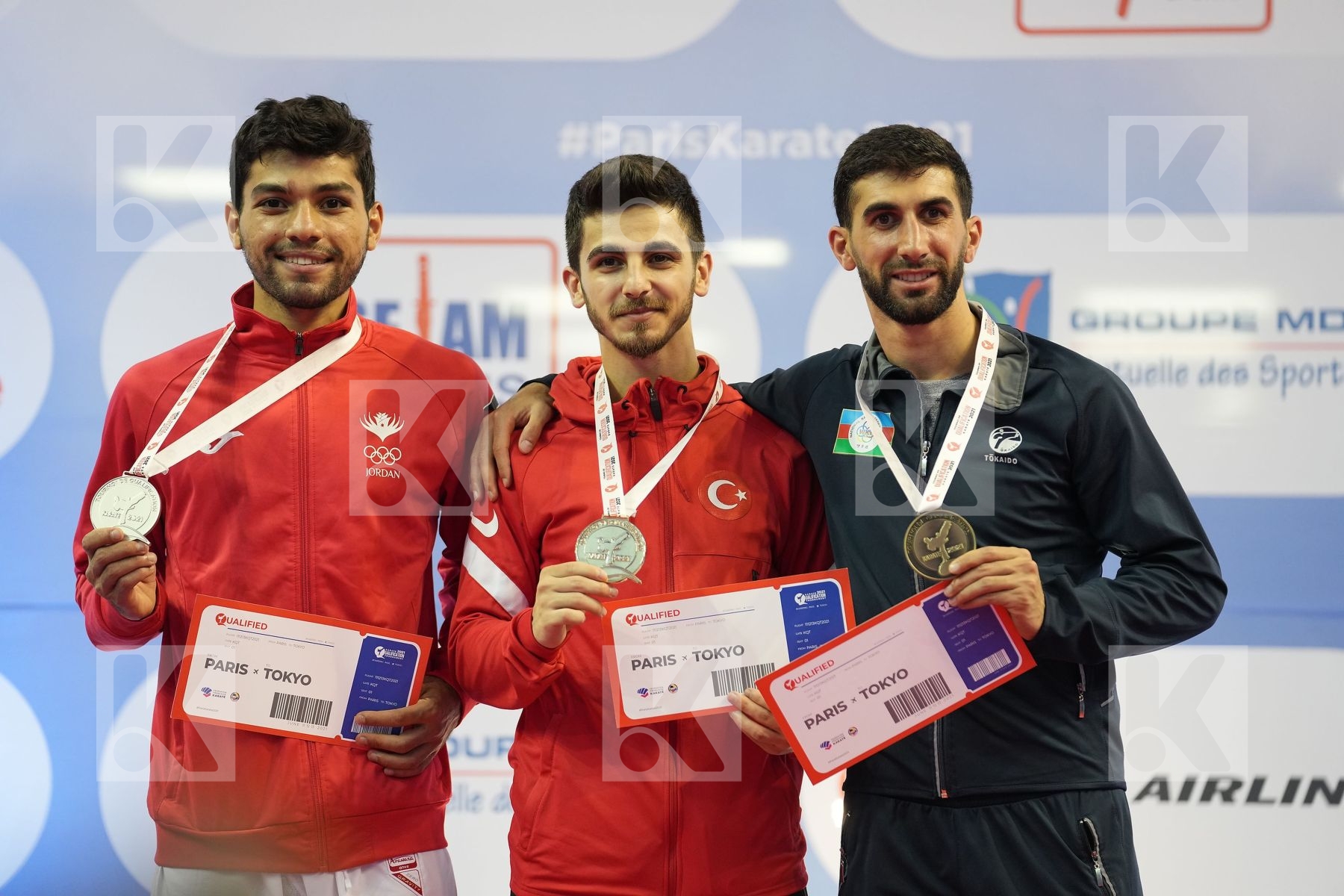 SAMDAN ERAY (TURKEY), ALMASATFA ABDEL RAHMAN (JORDAN), FARZALIYEV FIRDOVSI (AZERBAIJAN), TADISSI YVES MARTIAL (HUNGARY) in Olympic Category - Kumite Male -67 KG - Podium ceremony