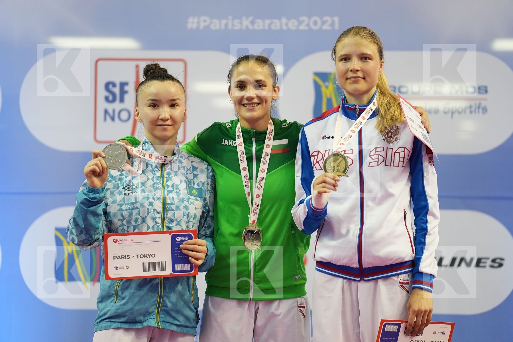 GORANOVA IVET (BULGARIA), ZHANGBYRBAY MOLDIR (KAZAKHSTAN), CHERNYSHEVA ANNA (RUSSIAN FEDERATION) in Olympic Category - Kumite Female -55 KG - Podium ceremony