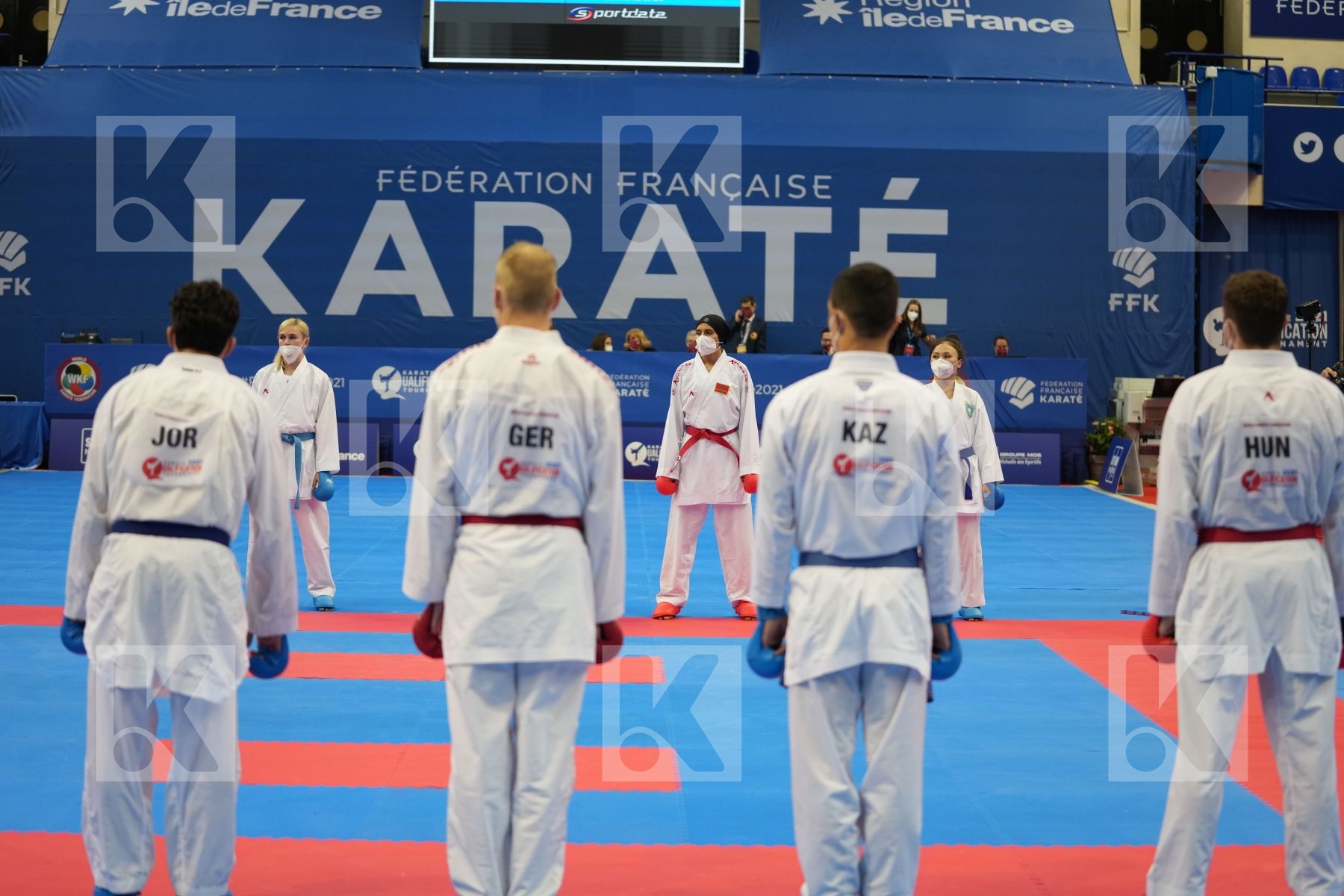 SADINI BTISSAM (MOROCCO), SEROGINA ANITA (UKRAINE), GARCES SEQUERA CLAUDYMAR (VENEZUELA), ZAKHAROVA SABINA (KAZAKHSTAN) in Olympic Category - Kumite Female -61 KG - Round Robin bout