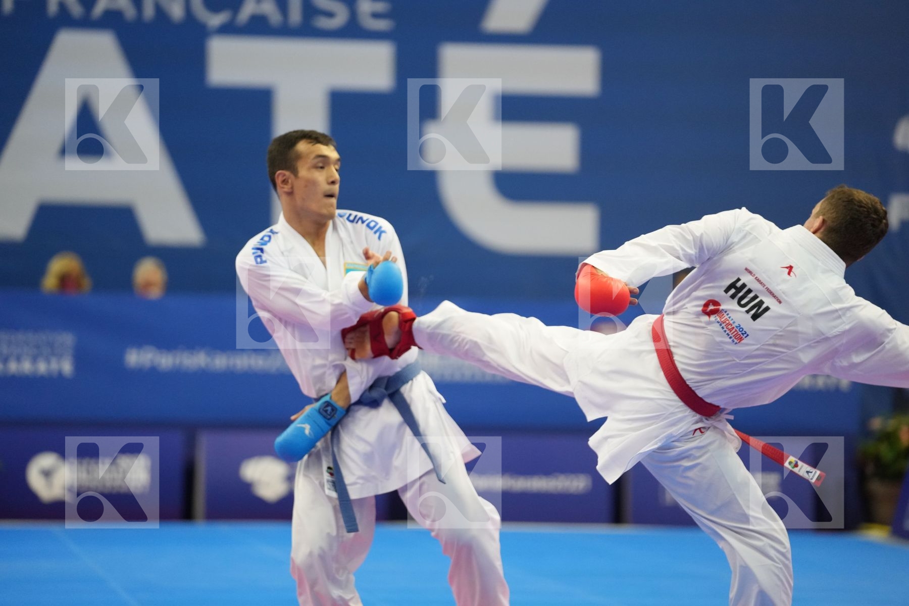 AZHIKANOV NURKANAT (KAZAKHSTAN), HARSPATAKI KAROLY GABOR (HUNGARY) in Olympic Category - Kumite Male -75 KG - Round Robin bout