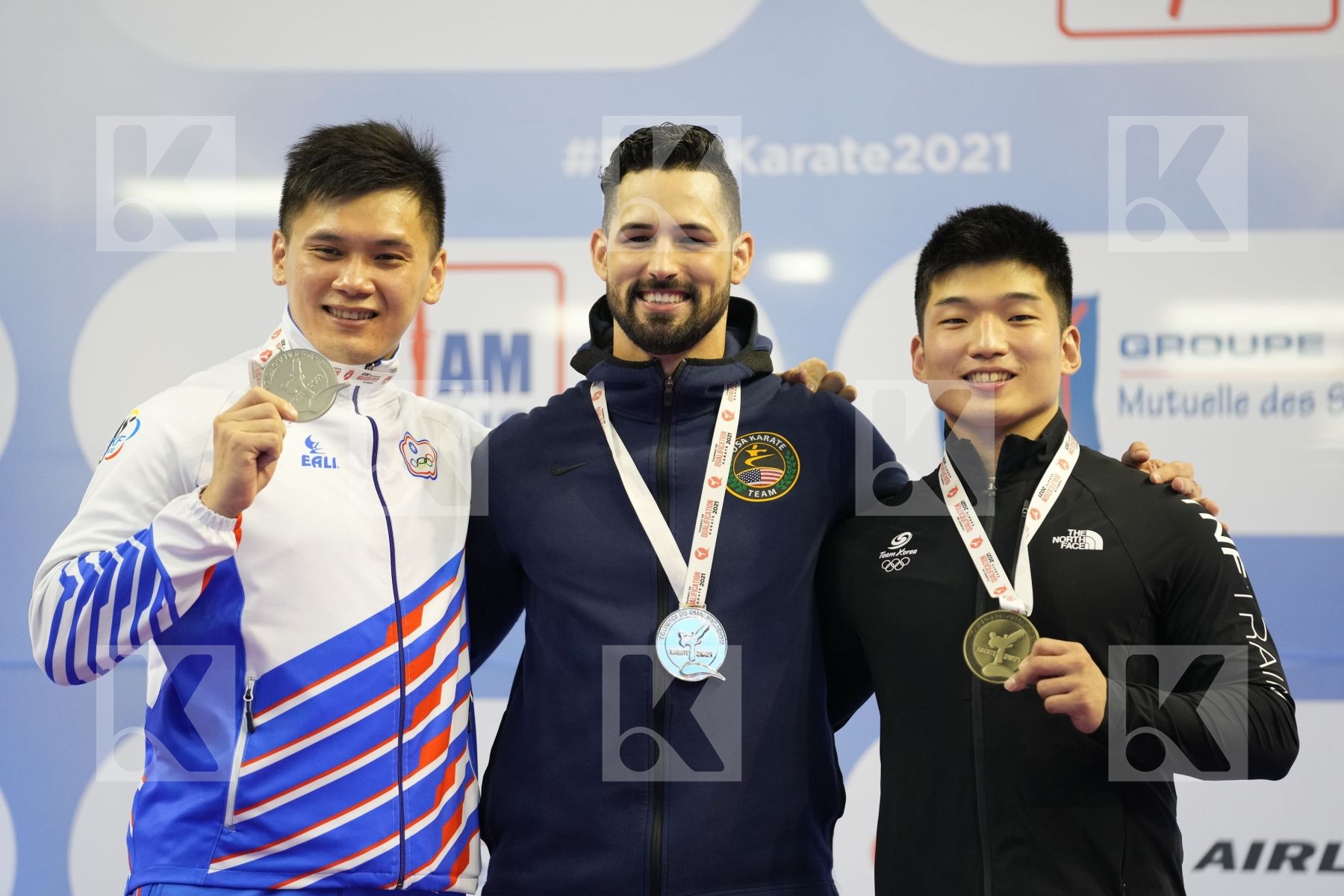 TORRES  GUTIERREZ ARIEL (UNITED STATES), WANG YI TA (CHINESE TAIPEI), PARK HEEJUN (REPUBLIC OF KOREA), SHAHRJERDI ABOLFAZL (ISLAMIC REPUBLIC OF IRAN) in Olympic Category - Kata Male - Podium Ceremony