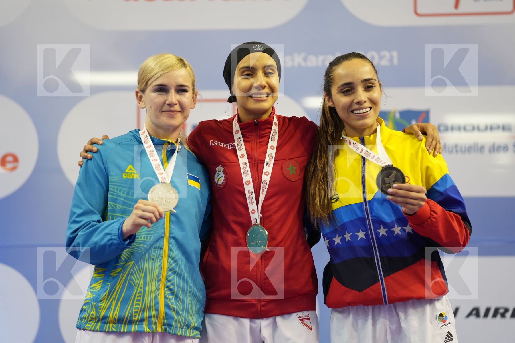 SADINI BTISSAM (MOROCCO), SEROGINA ANITA (UKRAINE), GARCES SEQUERA CLAUDYMAR (VENEZUELA), ZAKHAROVA SABINA (KAZAKHSTAN) in Olympic Category - Kumite Female -61 KG - Podium Ceremony