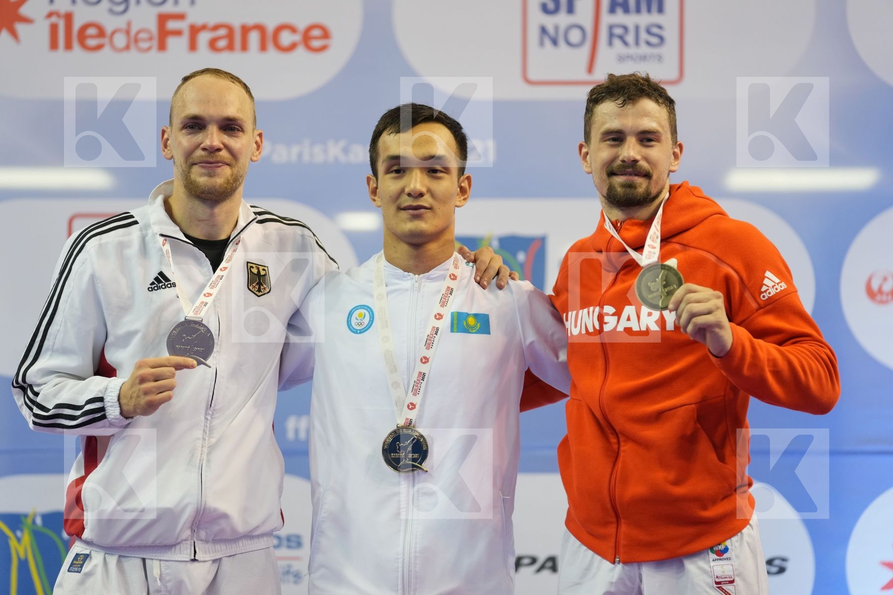 AZHIKANOV NURKANAT (KAZAKHSTAN), BITSCH NOAH GER-GERMANY, HARSPATAKI KAROLY GABOR (HUNGARY) in Olympic Category - Kumite Male -75 KG - Round Robin bout