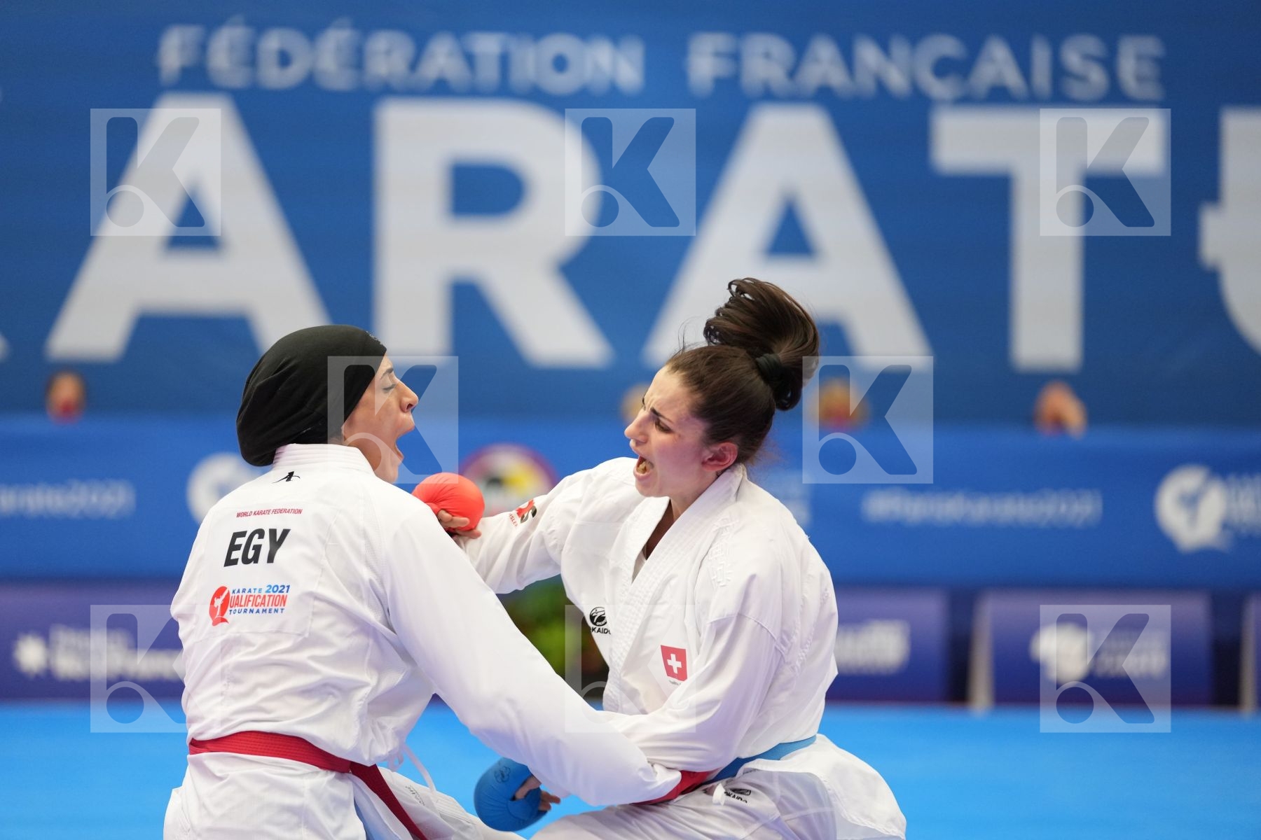 QUIRICI ELENA (SWITZERLAND), ABDELAZIZ FERYAL (EGYPT) in Olympic Category - Kumite Female 61+ KG - Round Robin bout