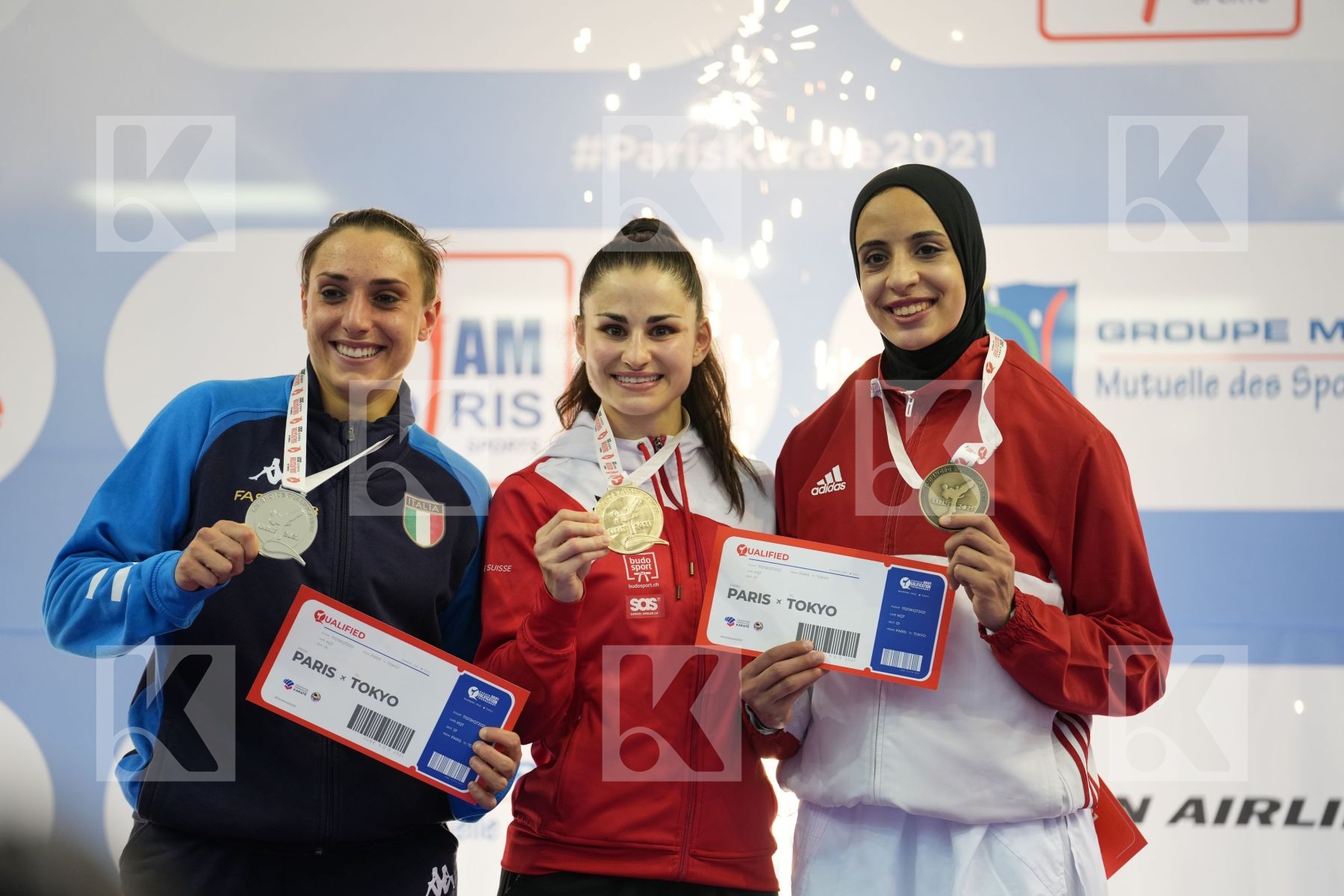QUIRICI ELENA (SWITZERLAND), SEMERARO SILVIA (ITALY), ABDELAZIZ FERYAL (EGYPT), BRATIC MELISSA (CANADA) in Olympic Category - Kumite Female 61+ KG - podium ceremony