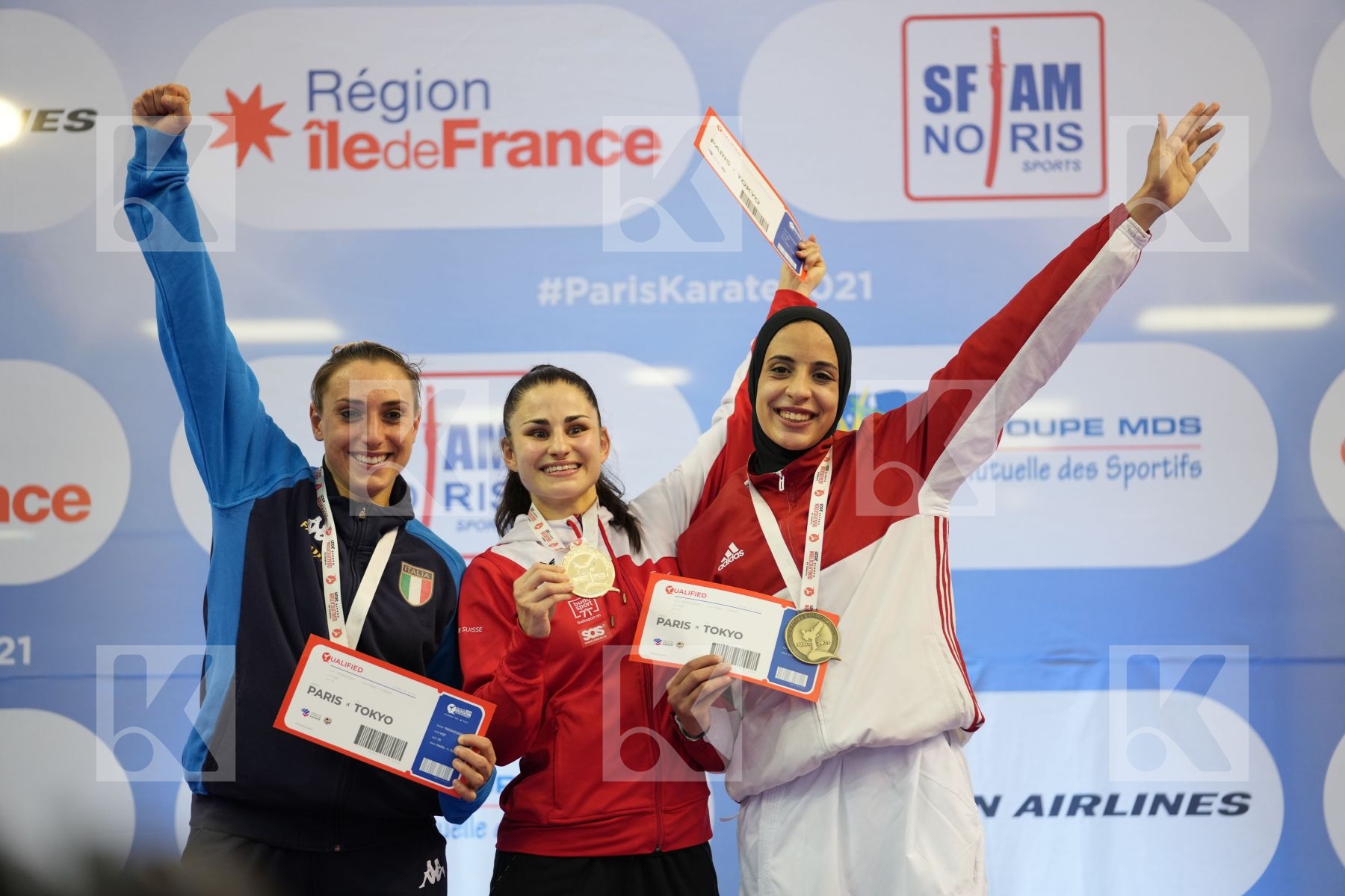 QUIRICI ELENA (SWITZERLAND), SEMERARO SILVIA (ITALY), ABDELAZIZ FERYAL (EGYPT), BRATIC MELISSA (CANADA) in Olympic Category - Kumite Female 61+ KG - podium ceremony