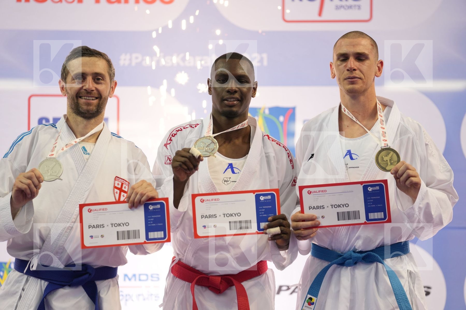 HAMEDI TAREG (SAUDI ARABIA), ARKANIA GOGITA (GEORGIA), GAYSINSKY DANIEL (CANADA), LARDY TYRON-DARNELL (NETHERLANDS) in Olympic Category - Kumite Male 75+ KG - Podium Ceremony
