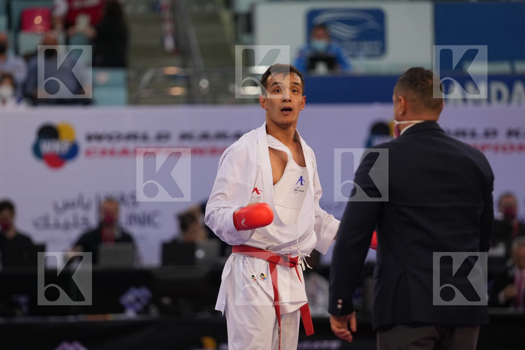 AZHIKANOV NURKANAT (KAZAKHSTAN) vs MAHAUDEN QUENTIN (BELGIUM) in Male Kumite -75 Kg - bronze bout