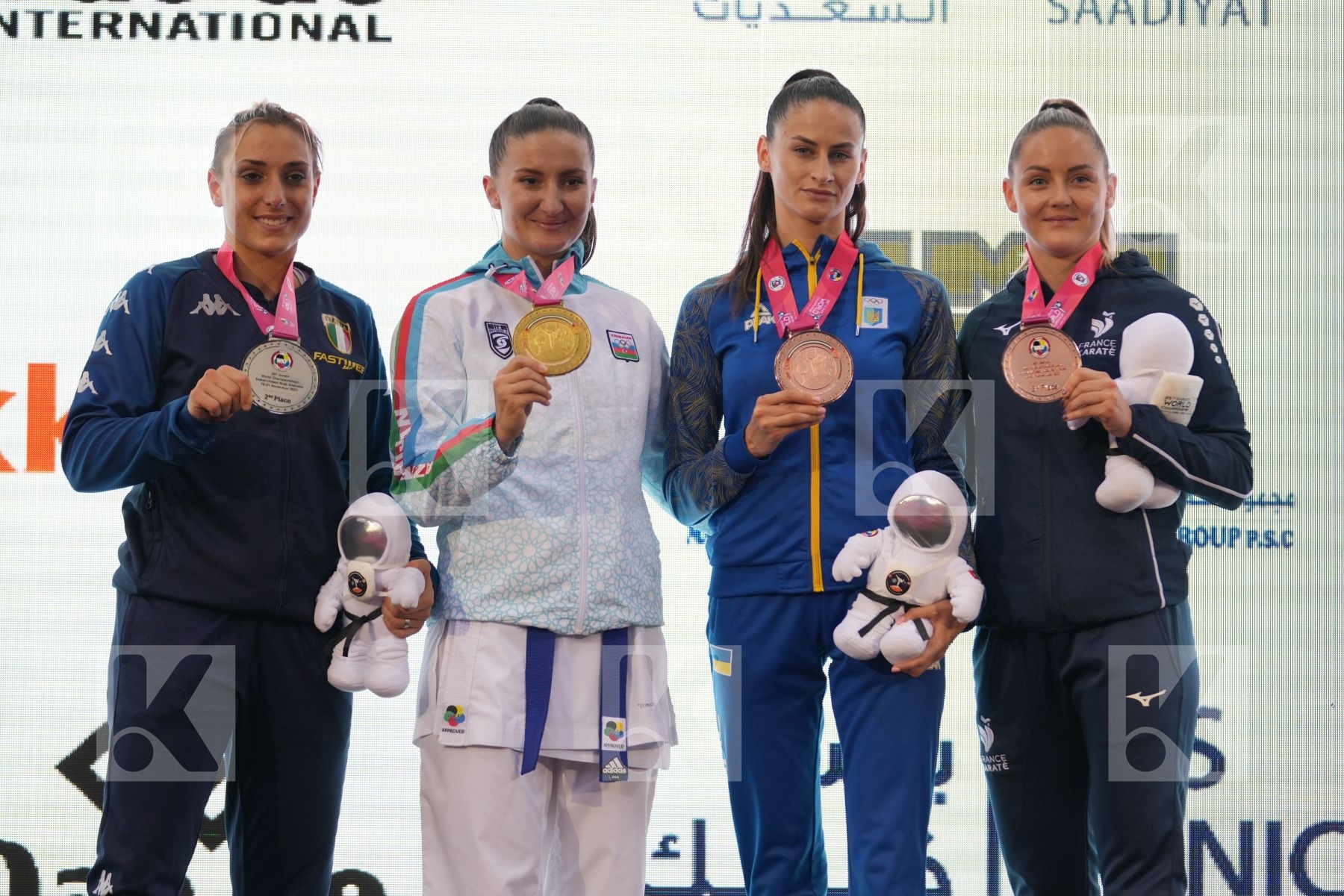 ZARETSKA IRINA (AZERBAIJAN), SEMERARO SILVIA (ITALY), AGIER ALIZEE (FRANCE), MELNYK HALYNA (UKRAINE) in Female Kumite -68 Kg - podium ceremony