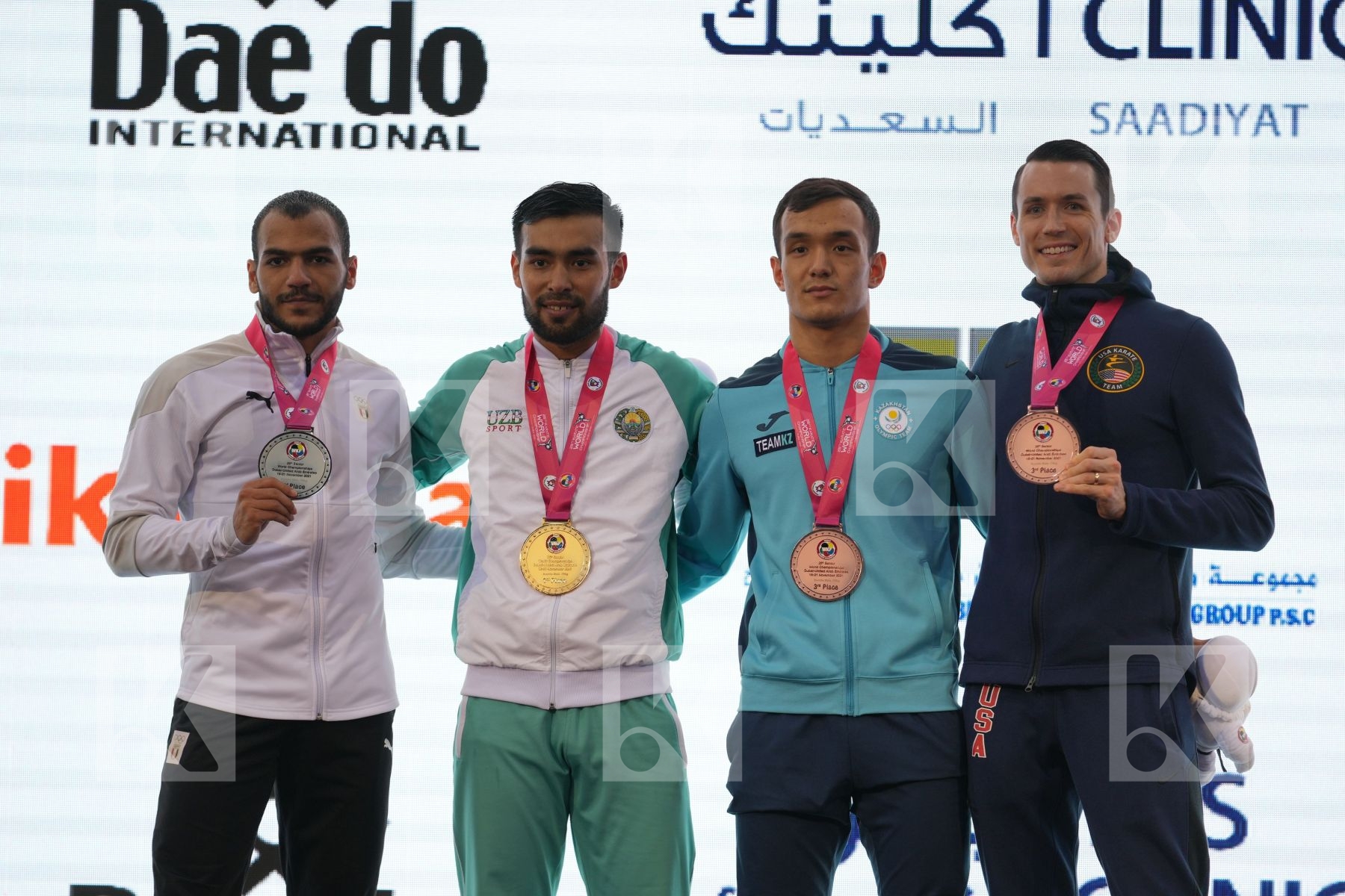 OTABOLAEV DASTONBEK (UZBEKISTAN), ABDELAZIZ ABDALLA MAMDUH (EGYPT), AZHIKANOV NURKANAT (KAZAKHSTAN), SCOTT THOMAS (UNITED STATES, USA) in Male Kumite -75 Kg - podium ceremony