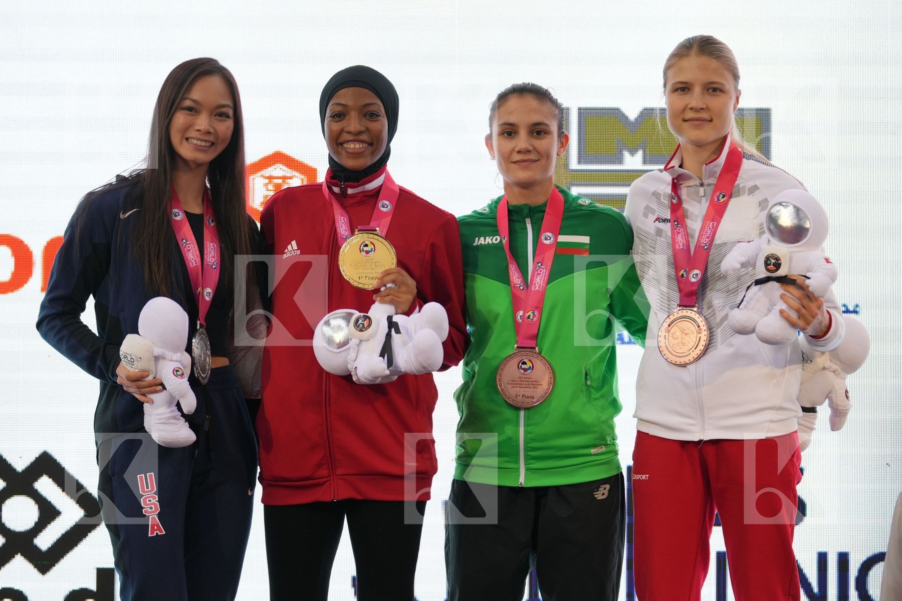 YOUSSEF AHLAM (EGYPT), ALLEN TRINITY (UNITED STATES, USA), GORANOVA IVET (BULGARIA), CHERNYSHEVA ANNA (RUSSIA) in Female Kumite -55 Kg - podium ceremony